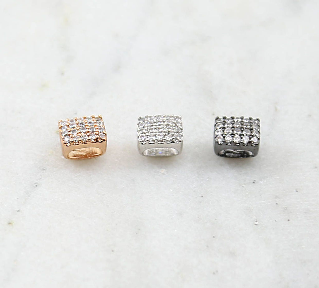 Rhodium Plated Pave CZ Large Hole Square Leather Slide Beads in Rose