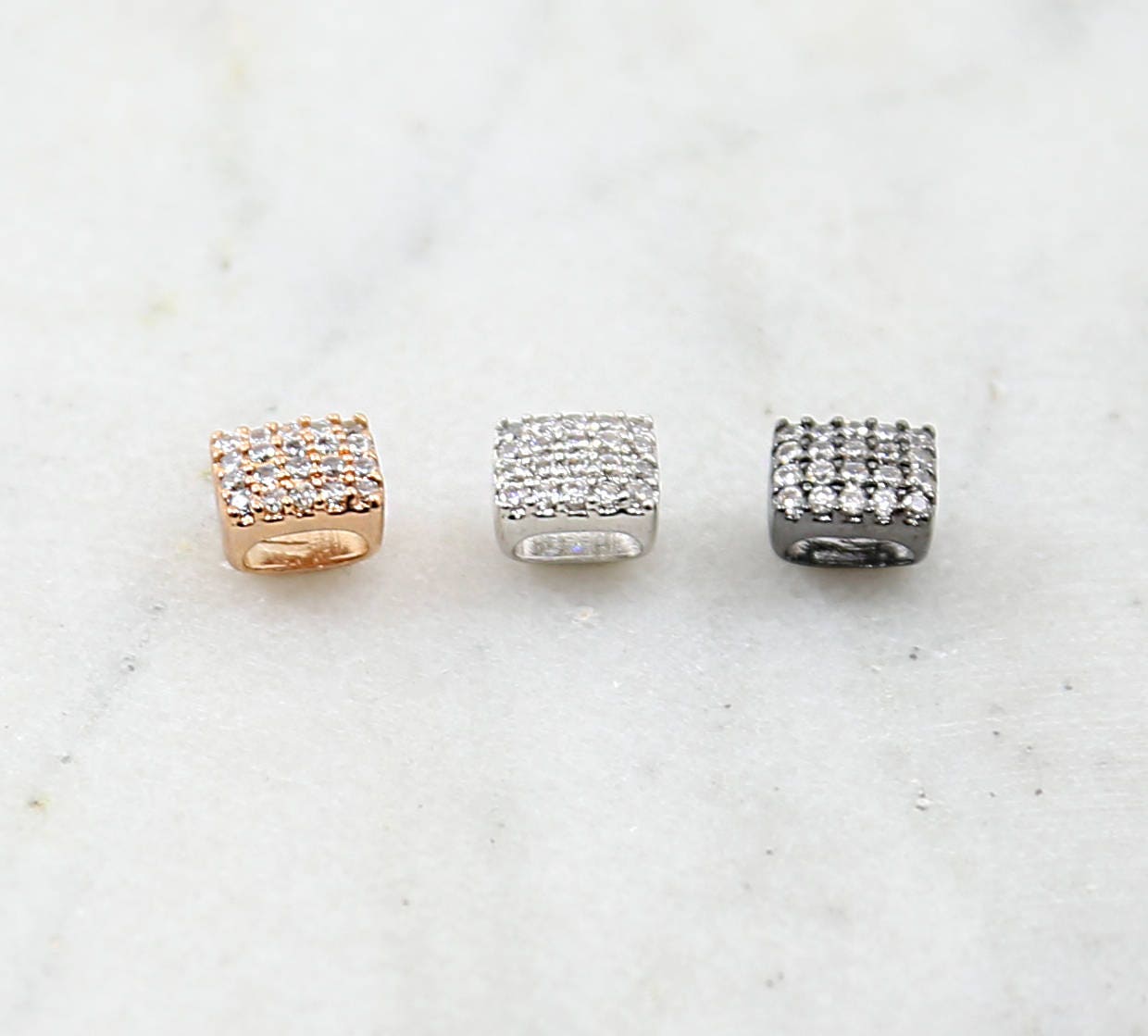 Rhodium Plated Pave CZ Large Hole Square Leather Slide Beads in Rose