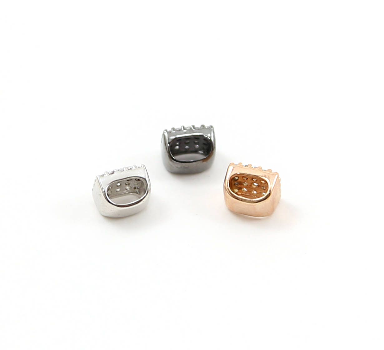 Rhodium Plated Pave CZ Large Hole Square Leather Slide Beads in Rose