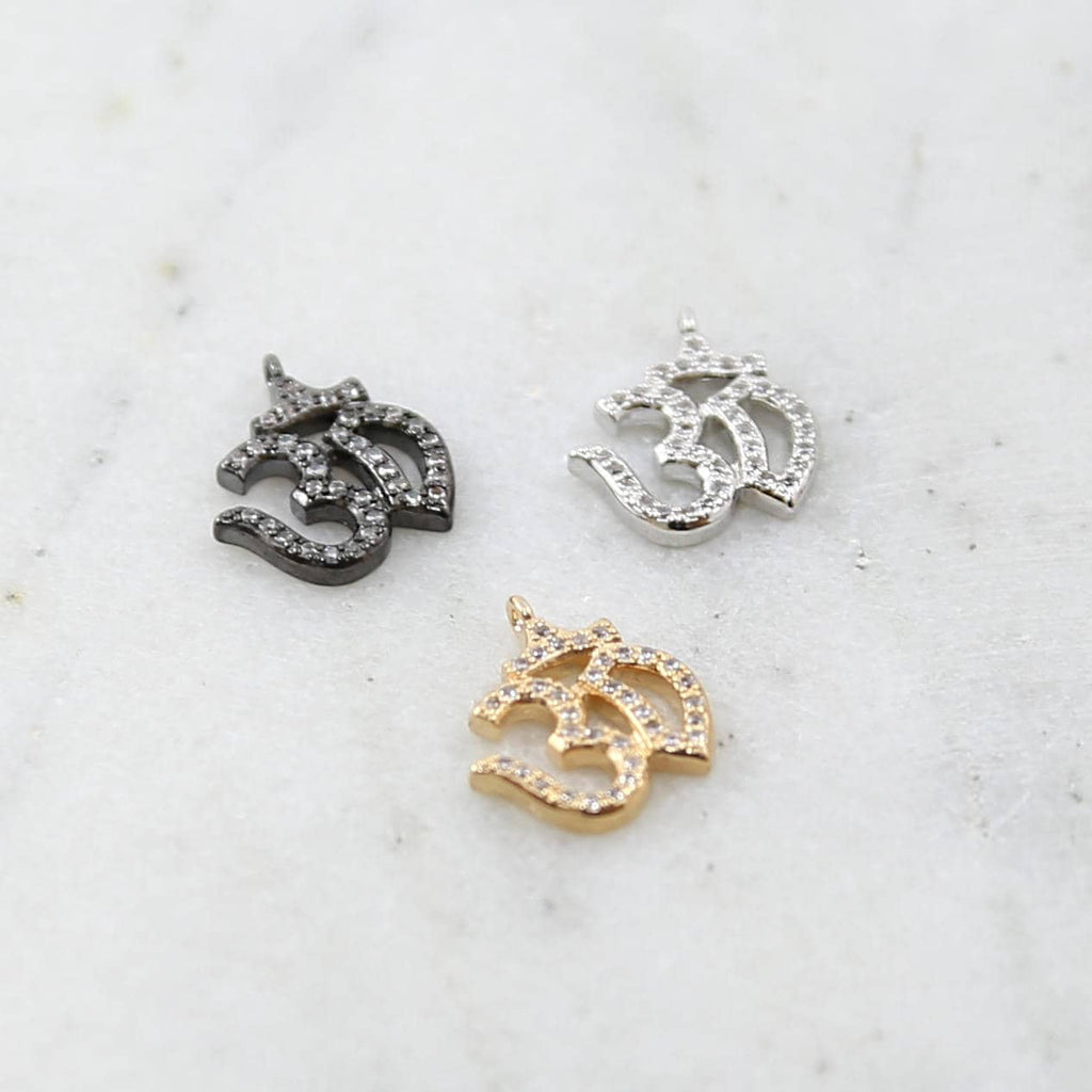 Rhodium Plated CZ Pave Om Gold Silver Gunmetal Yoga Buddha Mantra Charm