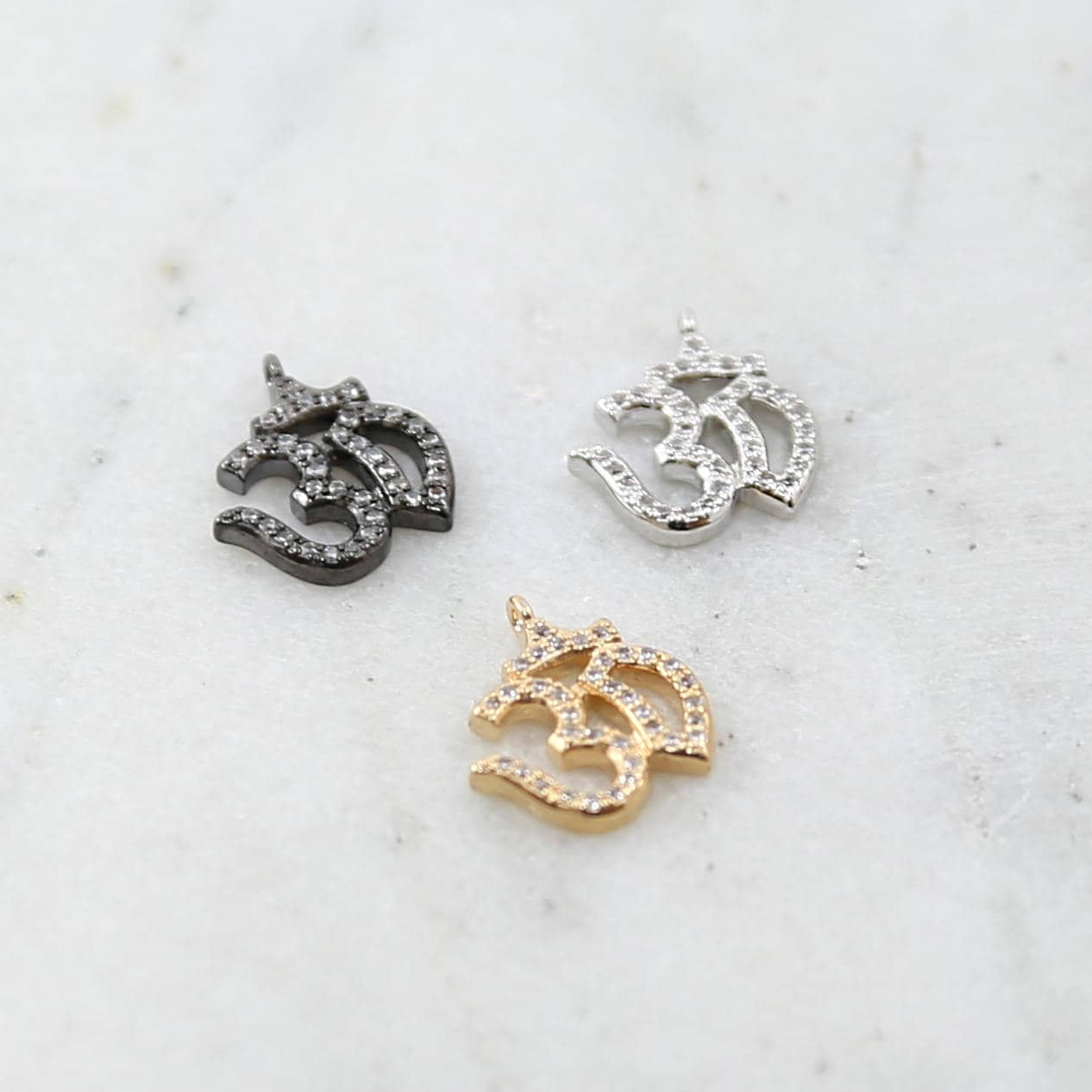 Rhodium Plated CZ Pave Om Gold Silver Gunmetal Yoga Buddha Mantra Charm