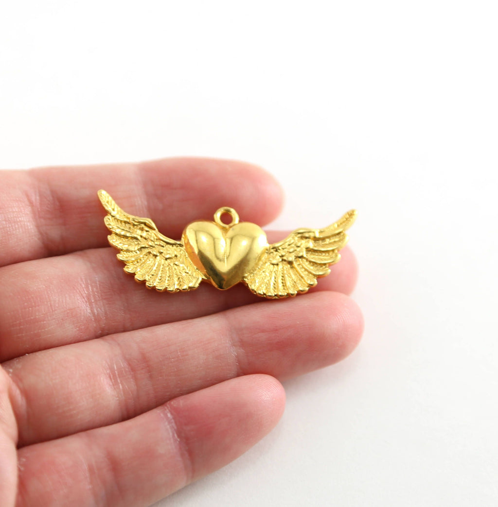 Sterling Silver or Vermeil Large Heart with Detailed Wing Charm