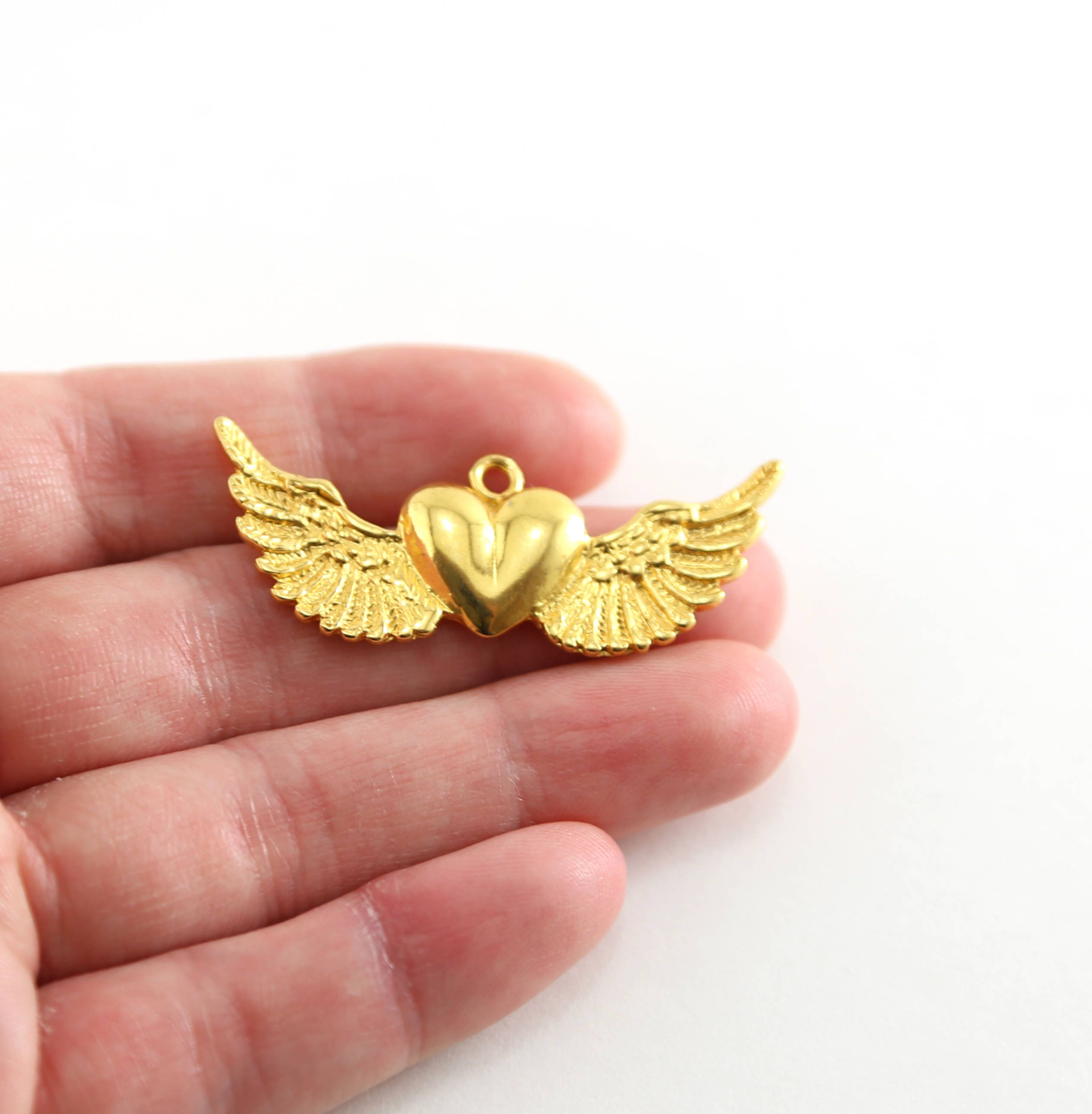 Sterling Silver or Vermeil Large Heart with Detailed Wing Charm