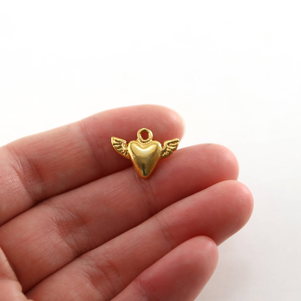 Sterling Silver or Vermeil Dainty Heart with Wings Love Charm or Friendship