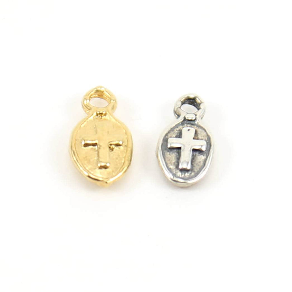 Sterling Silver or Vermeil Tiny Cross Thick Oval Charm in or Small Religious