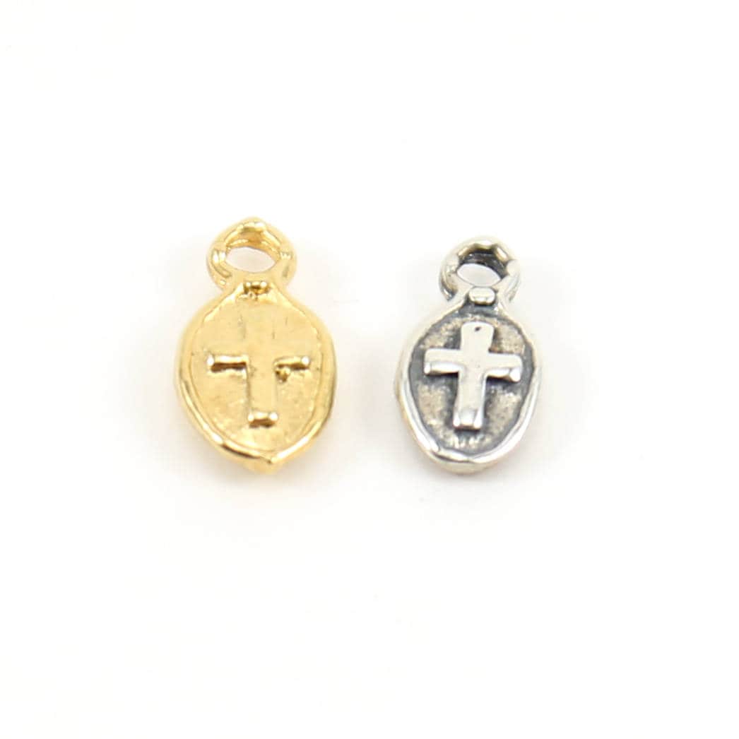 Sterling Silver or Vermeil Tiny Cross Thick Oval Charm in or Small Religious