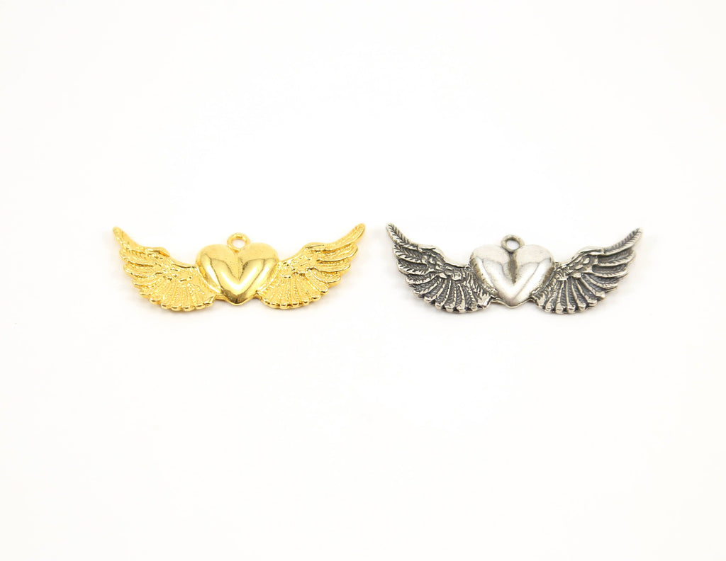 Sterling Silver or Vermeil Large Heart with Detailed Wing Charm