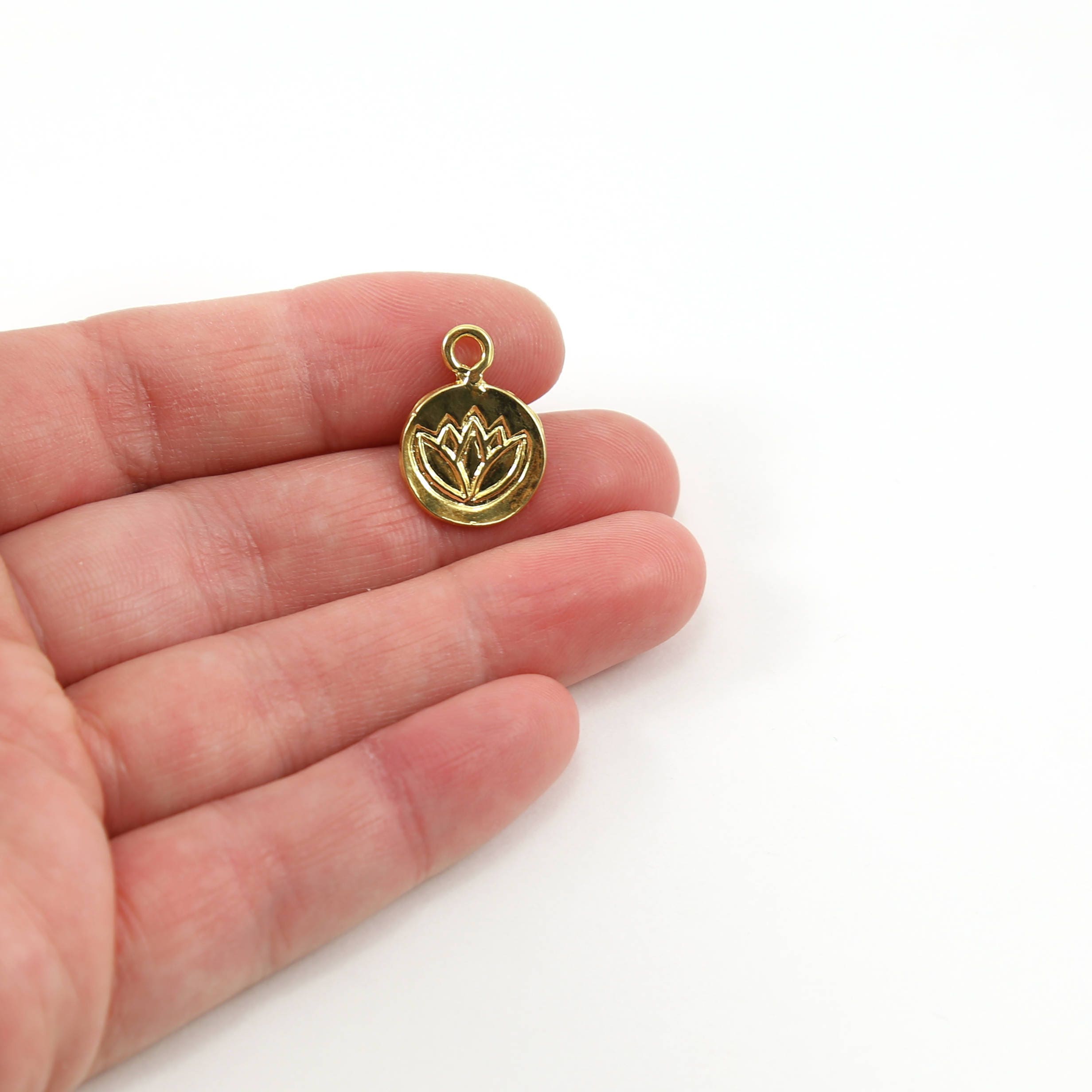 18mmx13mm Sterling Silver or Vermeil Stamped Lotus Charm on Small Round