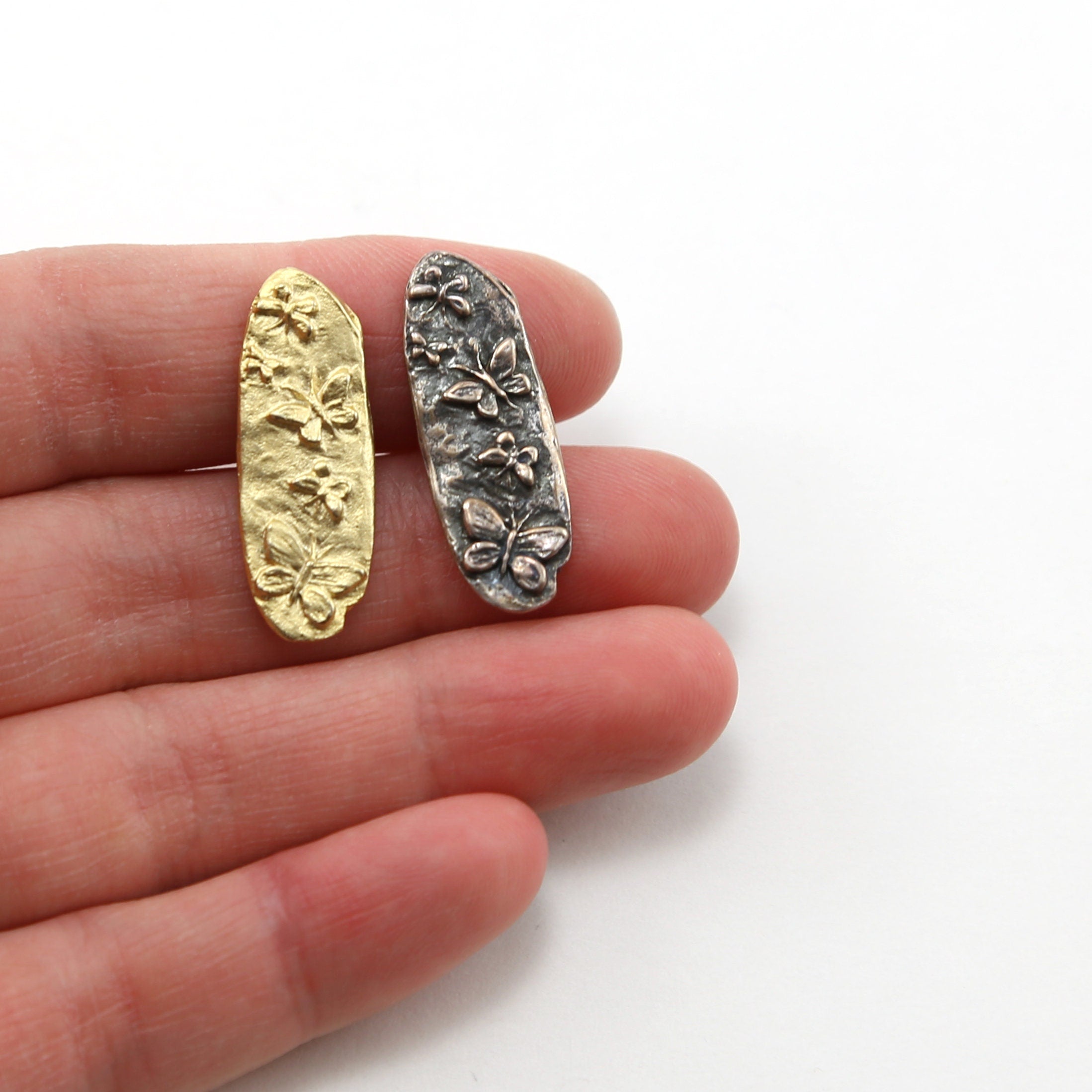 26mmx10mm Sterling Silver or Vermeil Spring Butterfly Long Button in or Shiny