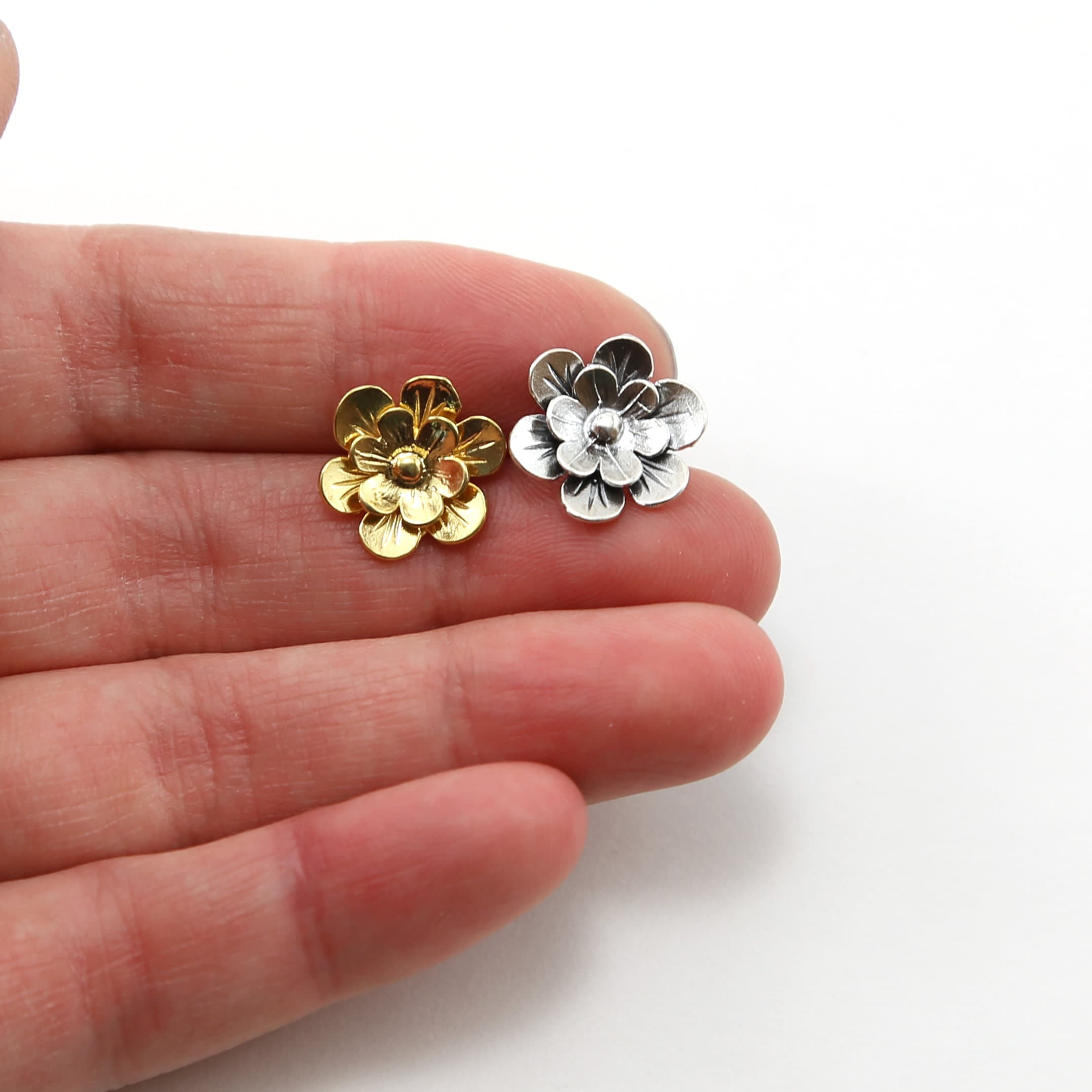 13mm Sterling Silver or Vermeil Layered Flower Daisy Button in or Shiny Wrap