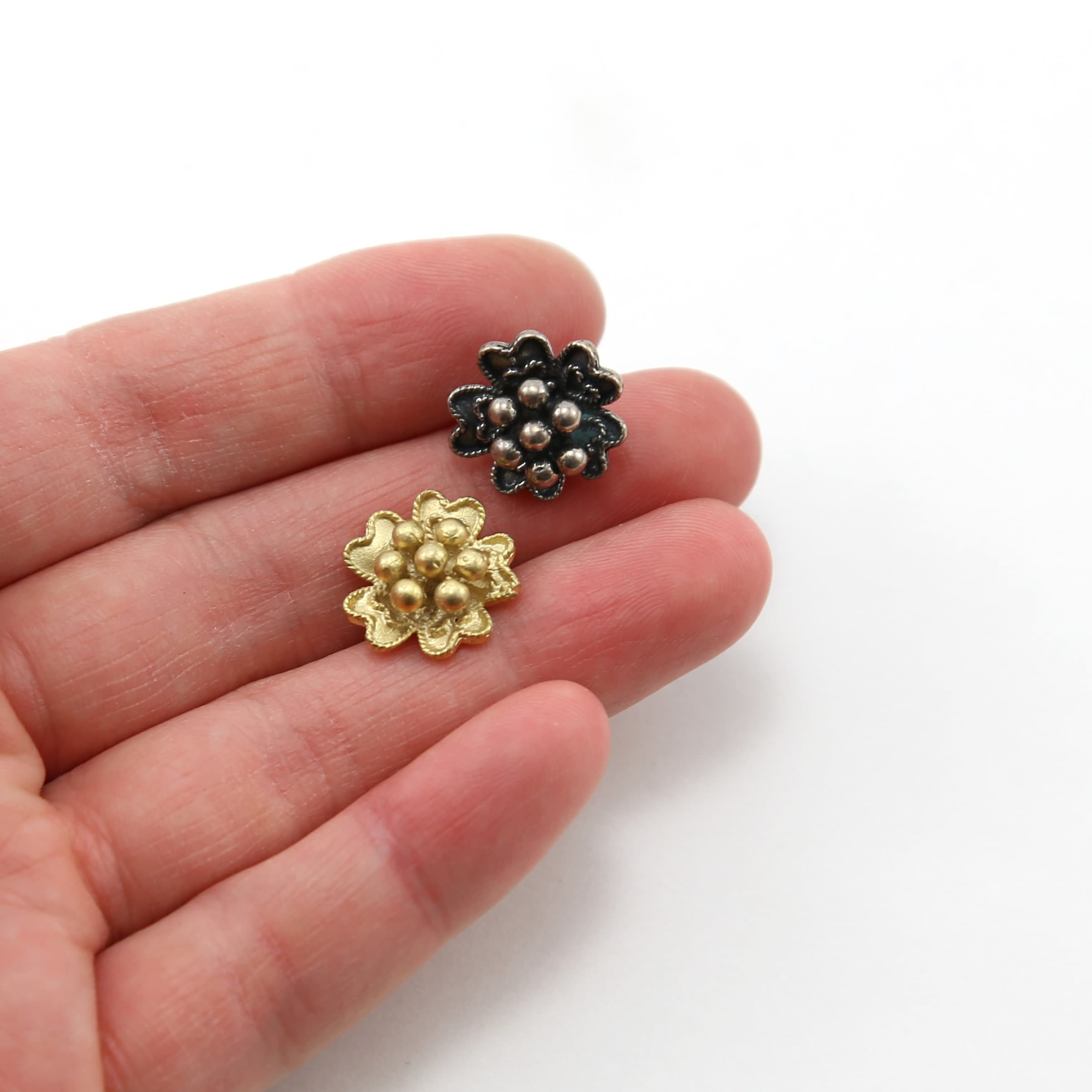 15mmx15mm Sterling Silver or Vermeil Large Flower Button in or Shiny Wrap