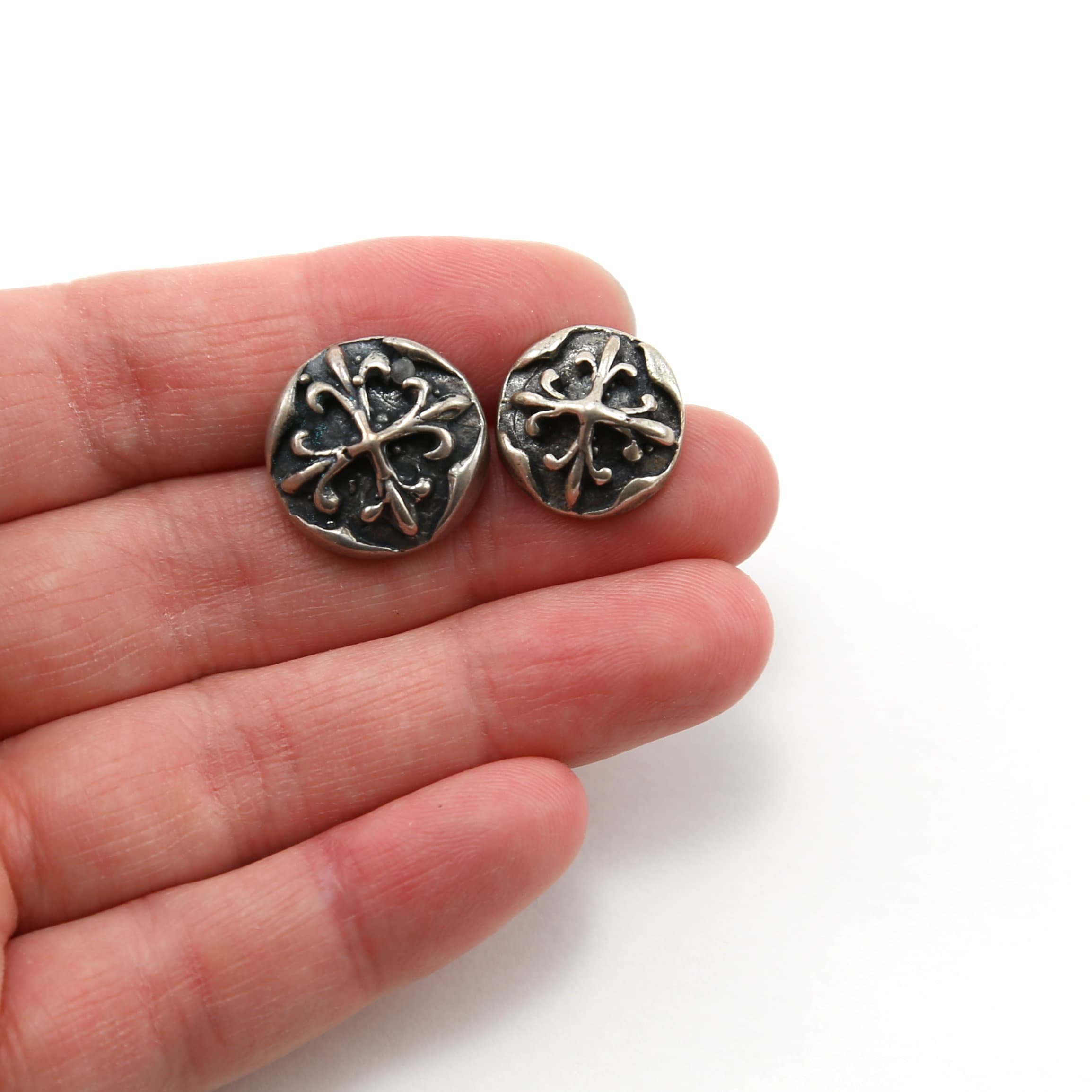 Sterling Silver or Vermeil Fancy Wax Seal Cross Button in Artistic Wrap