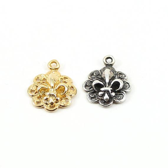Sterling Silver or Vermeil 3D Fleur Di Lis Charm with Fancy Lace Pendant