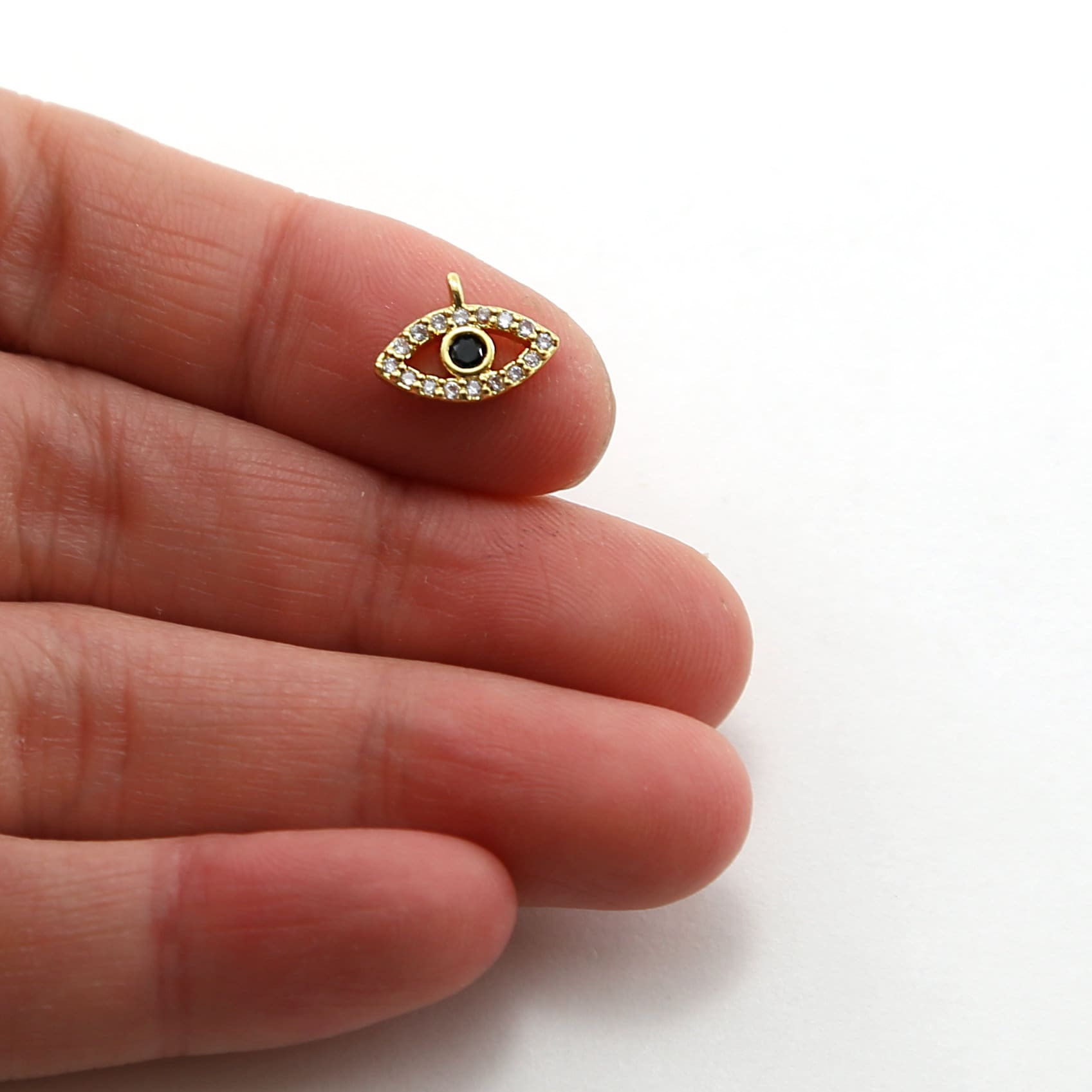 Rhodium Plated CZ Small Evil Eye Black Stone Eye Necklace Charm