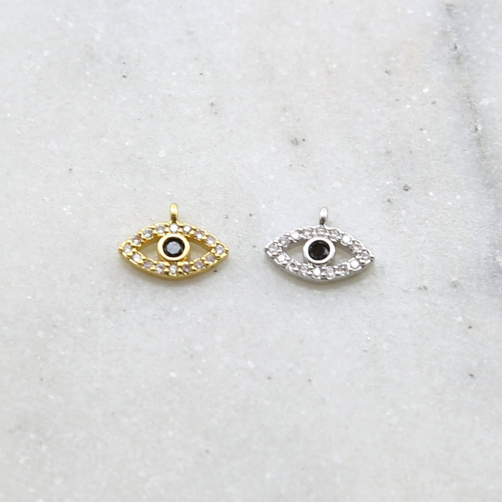 Rhodium Plated CZ Small Evil Eye Black Stone Eye Necklace Charm