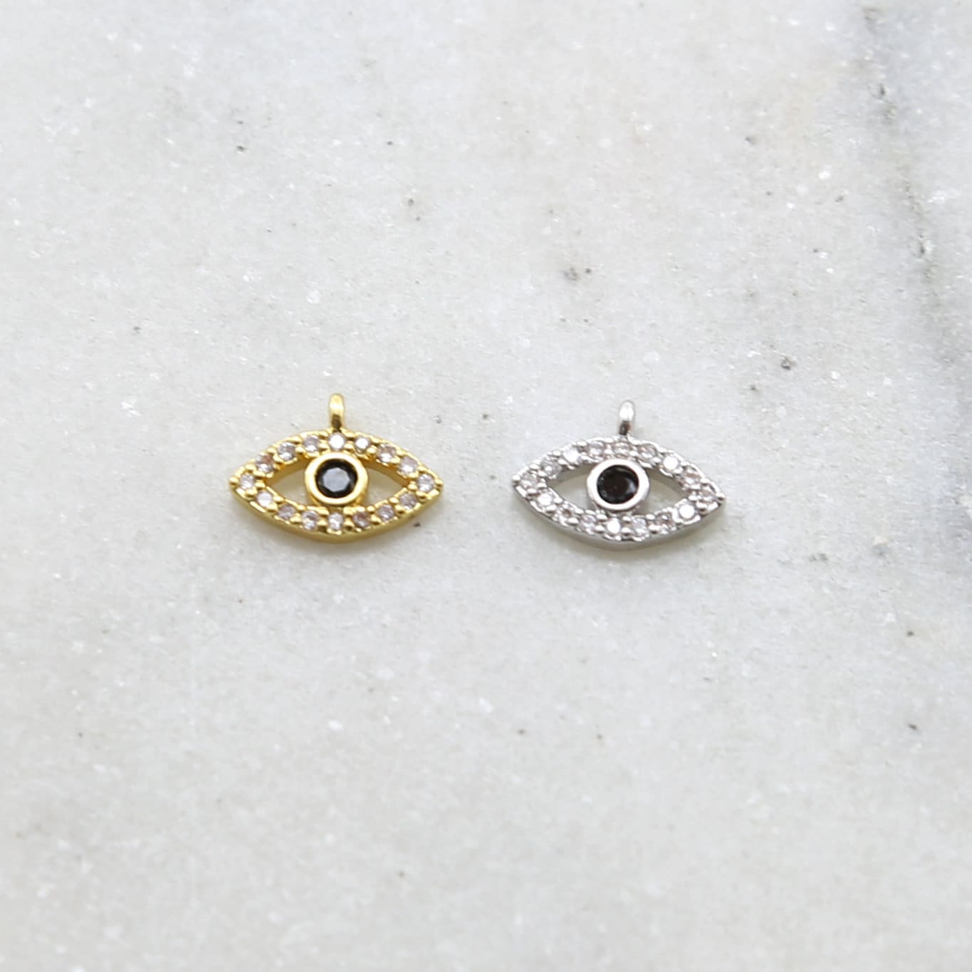 Rhodium Plated CZ Small Evil Eye Black Stone Eye Necklace Charm
