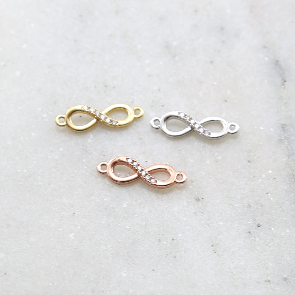 Rhodium Plated Dainty CZ Infinity Connector Charm in Gold Silver