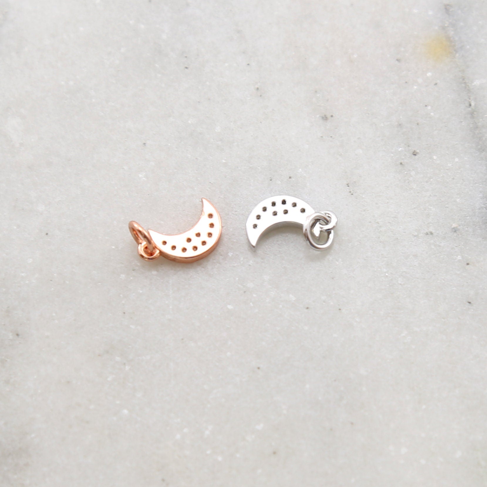 Rhodium Plated Small CZ Crescent Moon Cubic Zirconia Pave Charm