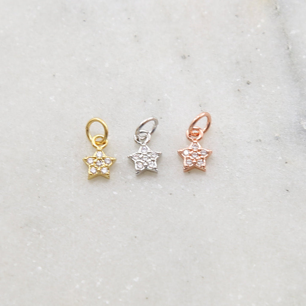 Rhodium Plated Teeny Tiny CZ Star Pave Celestial Charm in Gold Silver