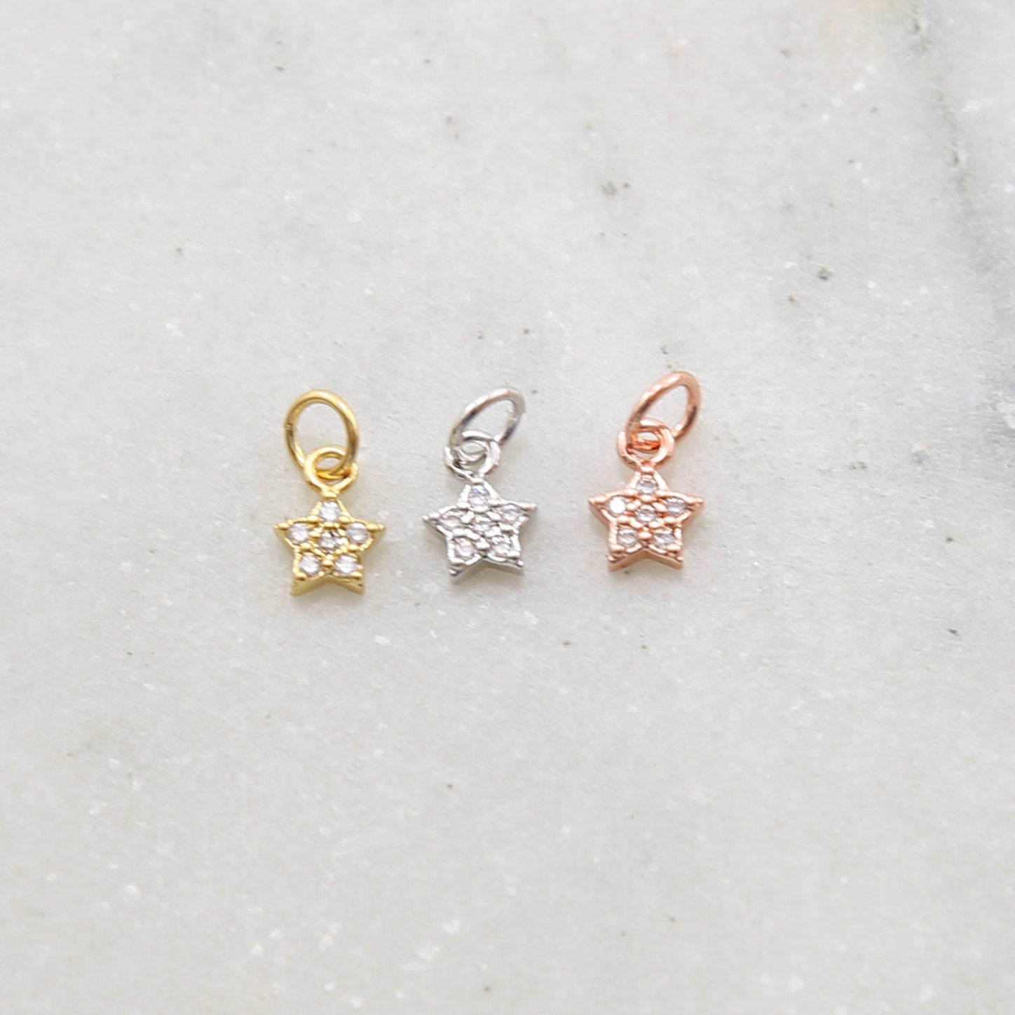 Rhodium Plated Teeny Tiny CZ Star Pave Celestial Charm in Gold Silver