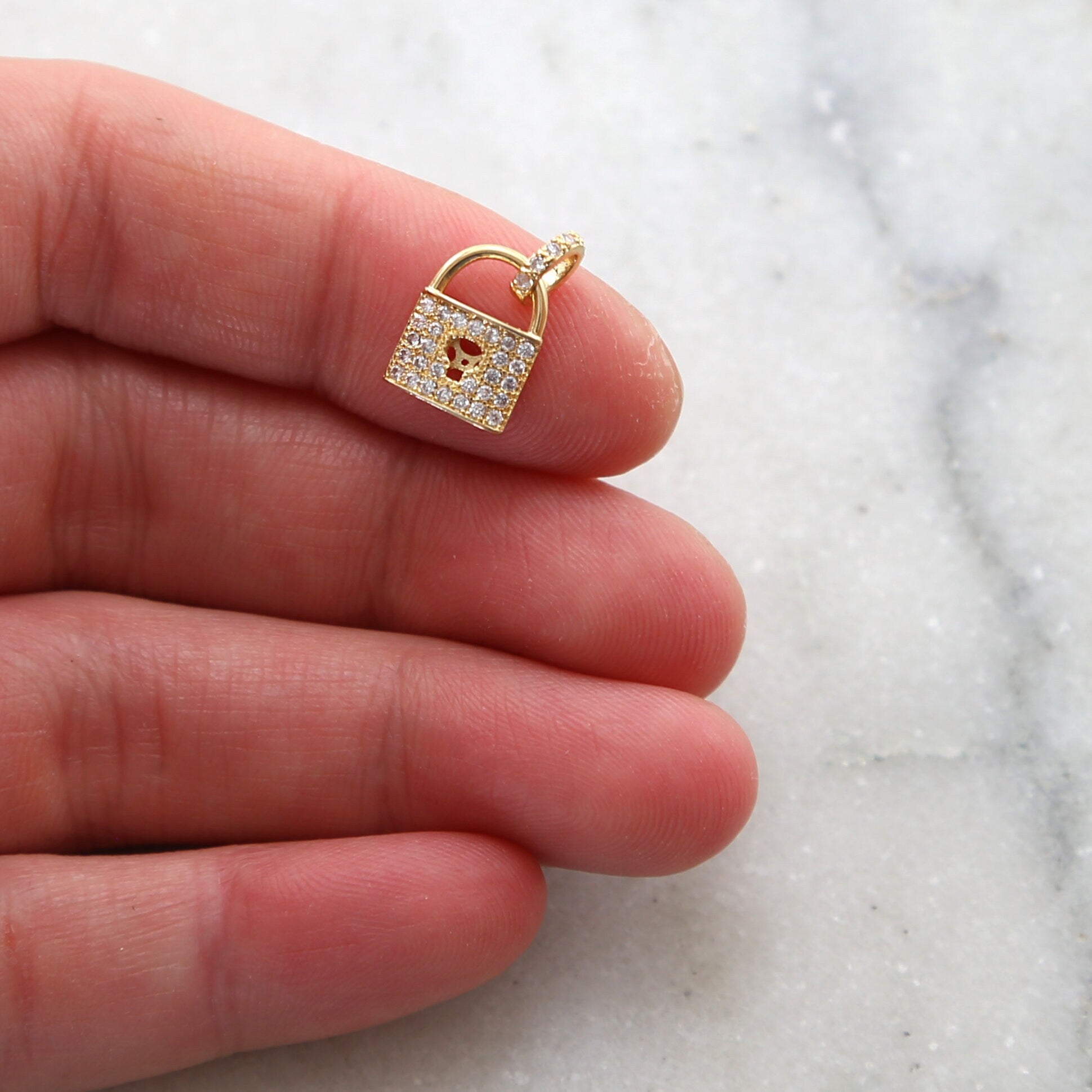 Rhodium Plated Pave CZ Detailed Lock Charm in Silver or Gold