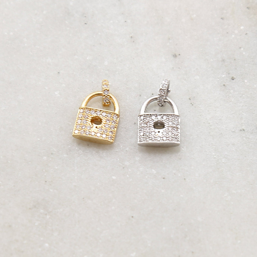 Rhodium Plated Pave CZ Detailed Lock Charm in Silver or Gold