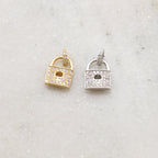 Rhodium Plated Pave CZ Detailed Lock Charm in Silver or Gold