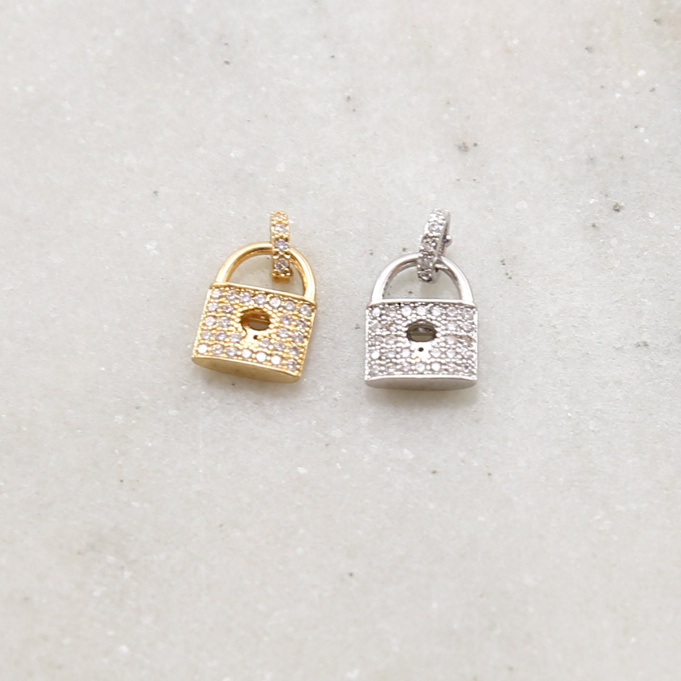 Rhodium Plated Pave CZ Detailed Lock Charm in Silver or Gold