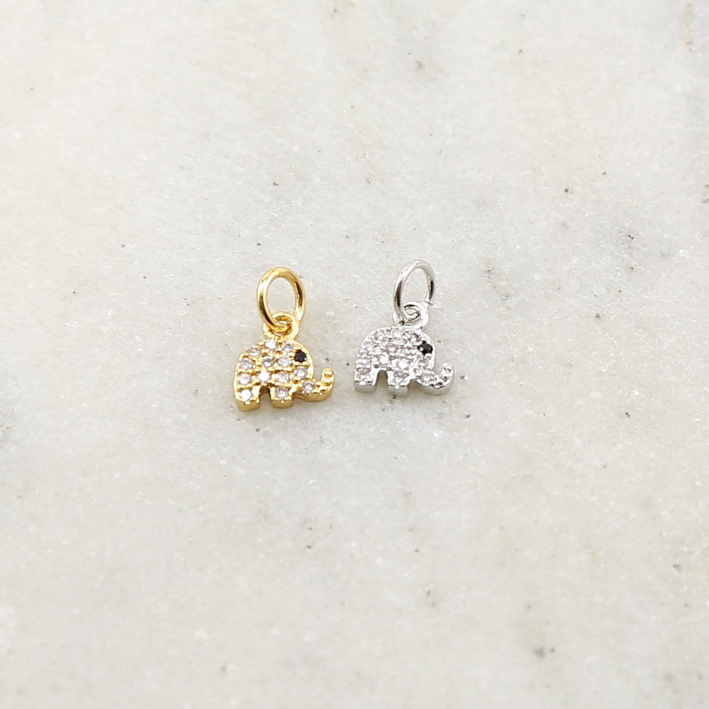 Rhodium Plated Pave CZ Tiny Elephant Black Eye Charm in Silver or Gold