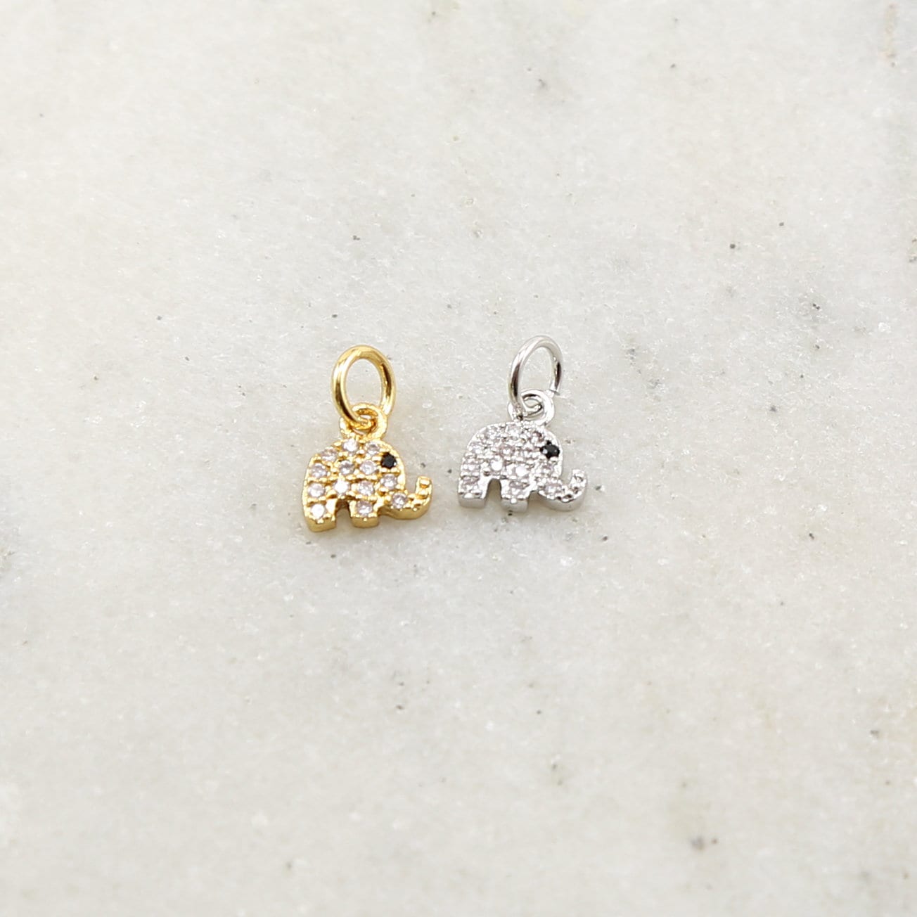Rhodium Plated Pave CZ Tiny Elephant Black Eye Charm in Silver or Gold