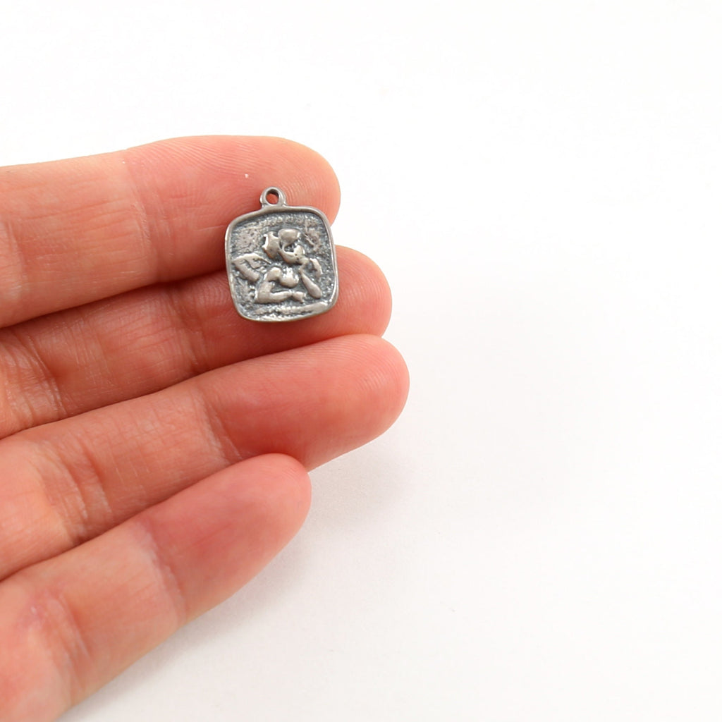 Sterling Silver Square Angel Wing Charm Religious Cherubim Pendant