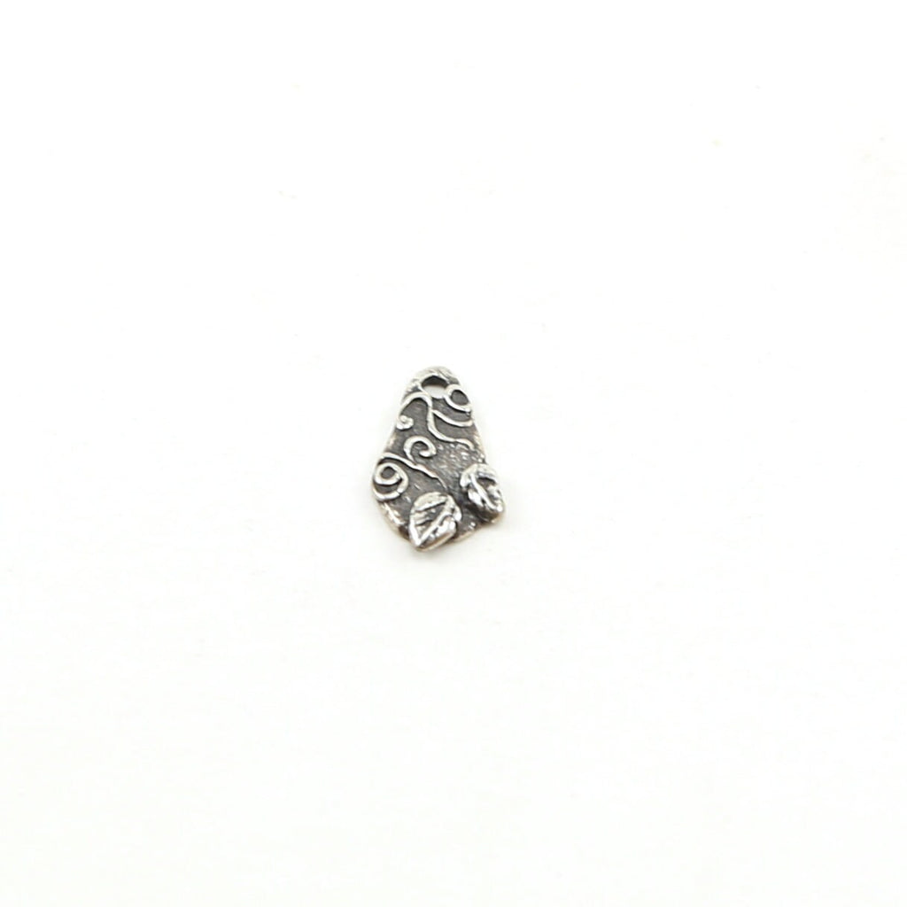 Sterling Silver Tiny Organic Whimsical Curly Design Leaf Teardrop Charm – Antique Silver