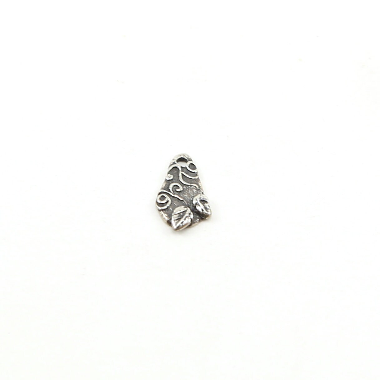 Sterling Silver Tiny Organic Whimsical Curly Design Leaf Teardrop Charm – Antique Silver