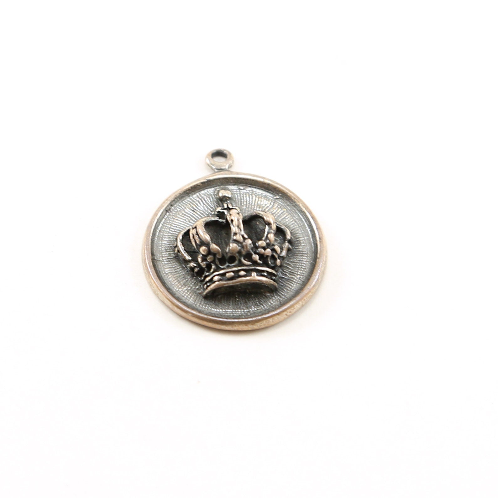 Sterling Silver Large Crown Circle Medallion Coin Crown 3D with Tiny
