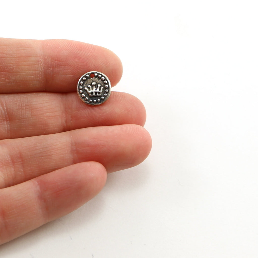 Sterling Silver or Vermeil or Tiny Mini Crown with Dots Circle Medallion Coin