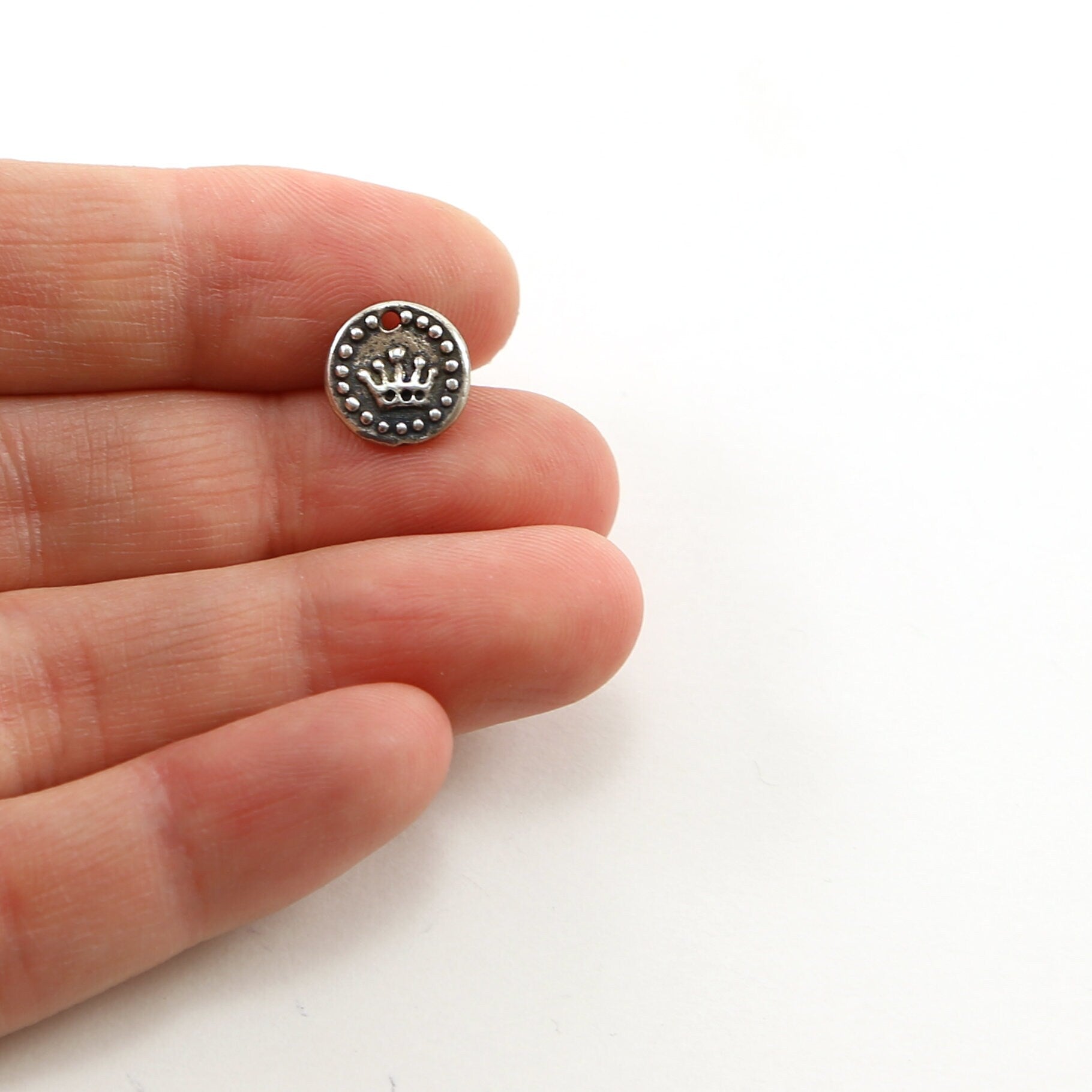 Sterling Silver or Vermeil or Tiny Mini Crown with Dots Circle Medallion Coin