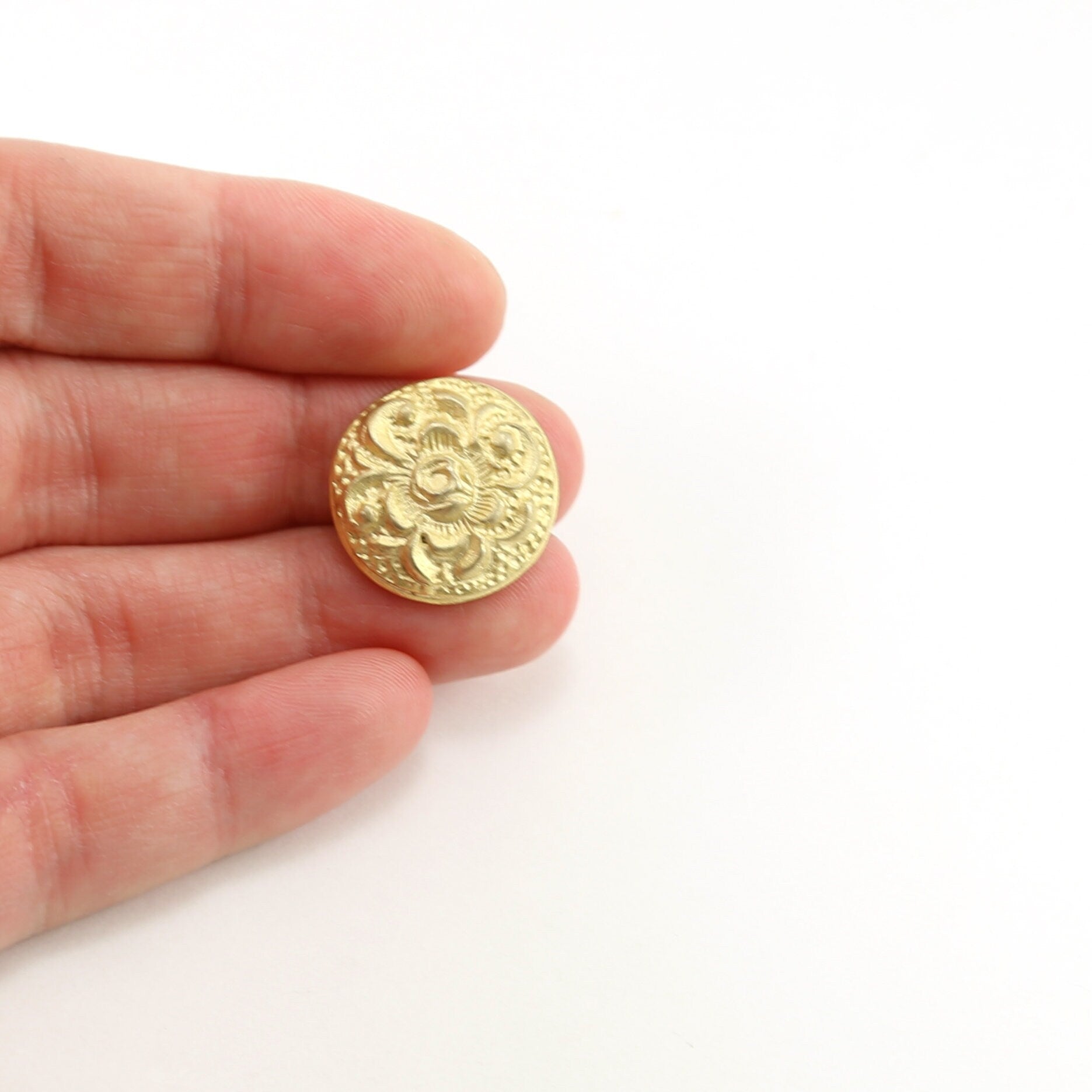 Sterling Silver or Vermeil Detailed Rose Flower Round Button in or Shiny Wrap