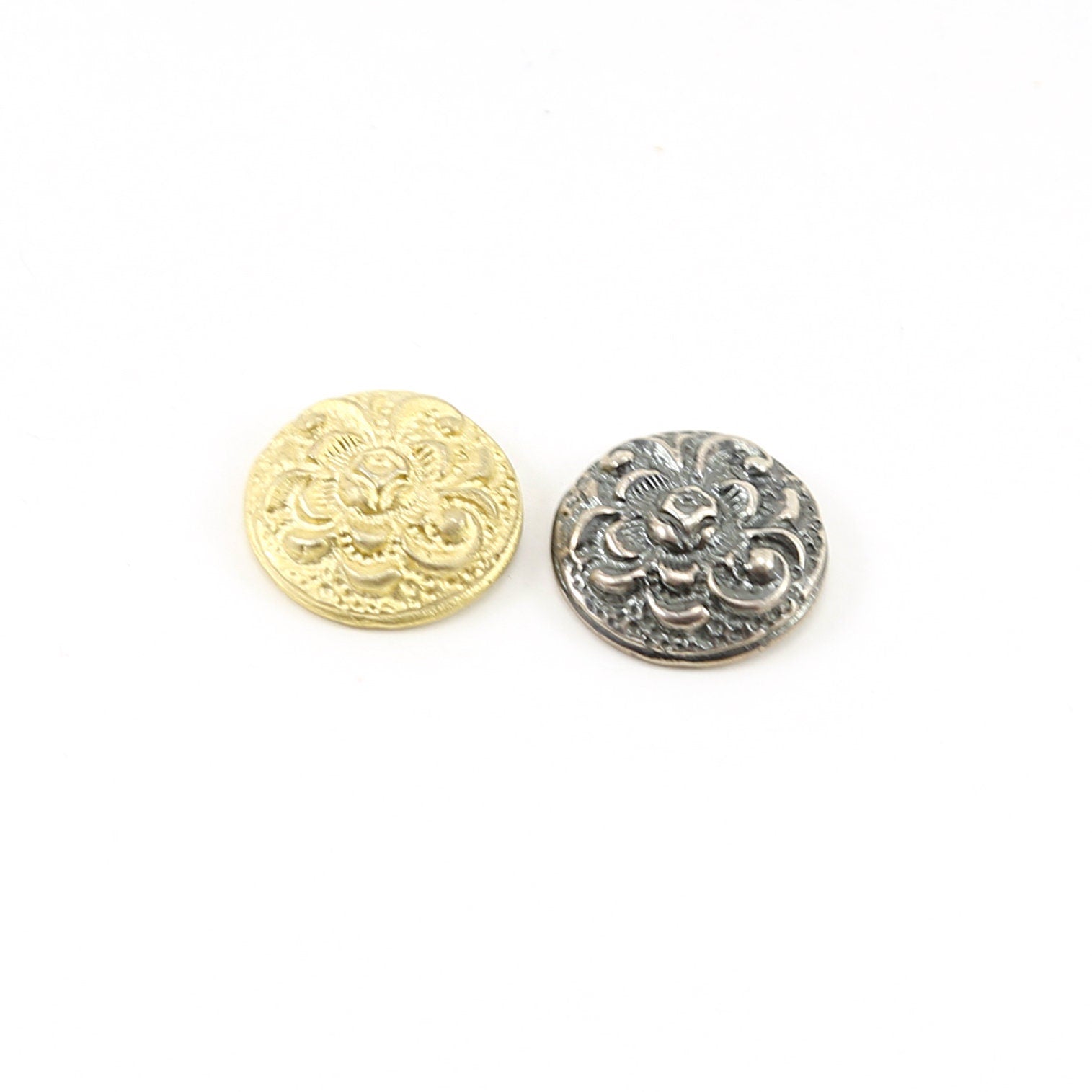 Sterling Silver or Vermeil Detailed Rose Flower Round Button in or Shiny Wrap