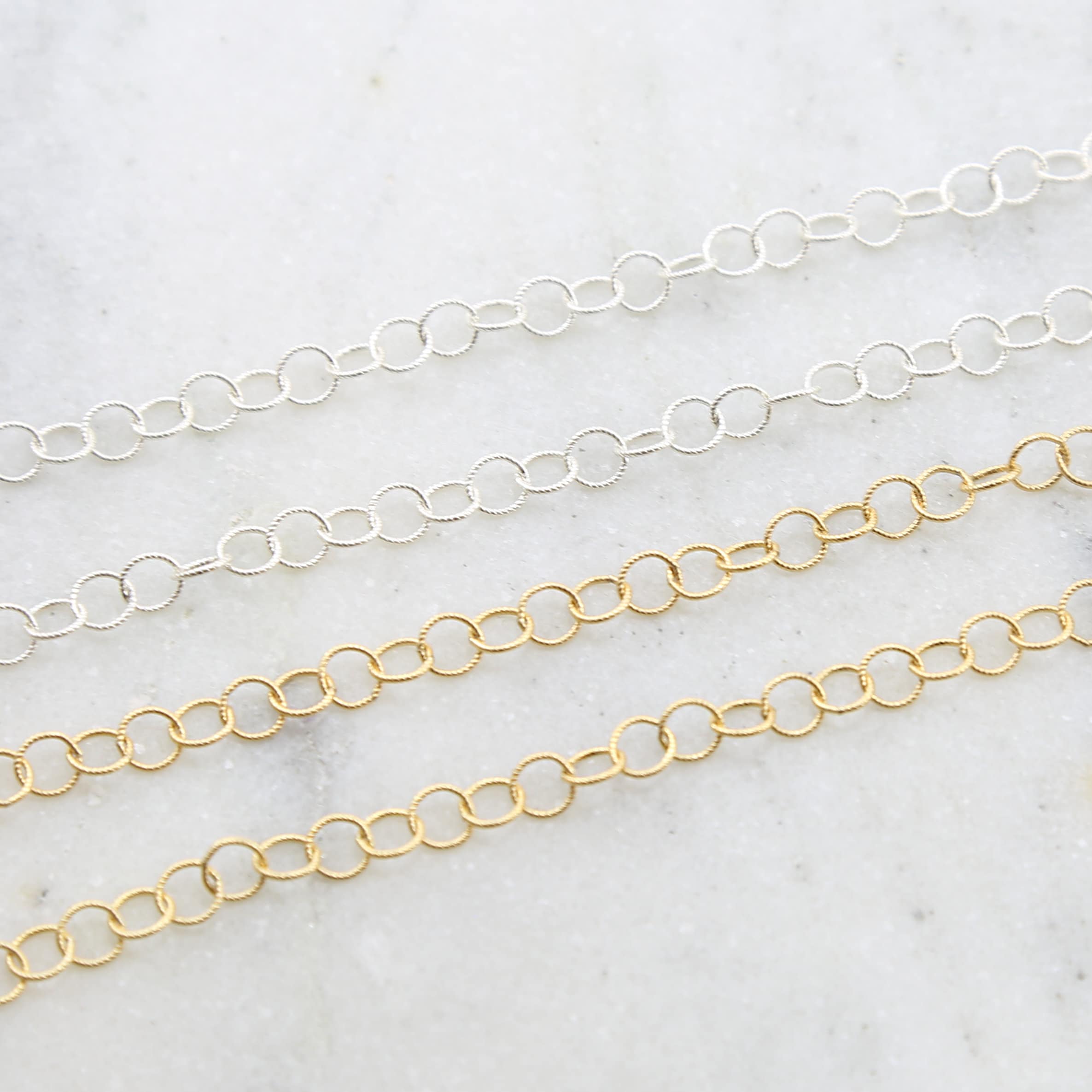 Sterling Silver or 14K Gold Filled Round Link Textured – Sold by the Foot