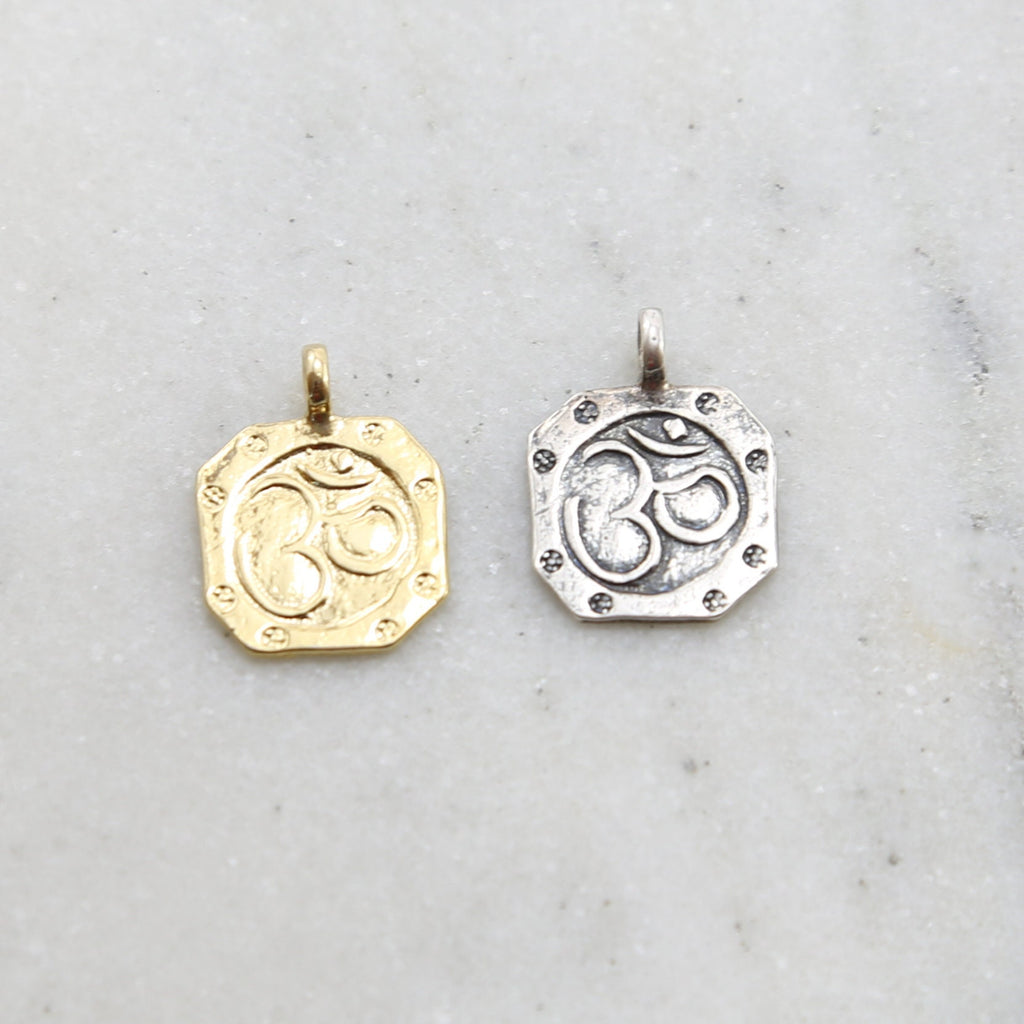 Sterling Silver or Vermeil Om Ohm Octagon Buddha Mantra Yoga Charm Pendant
