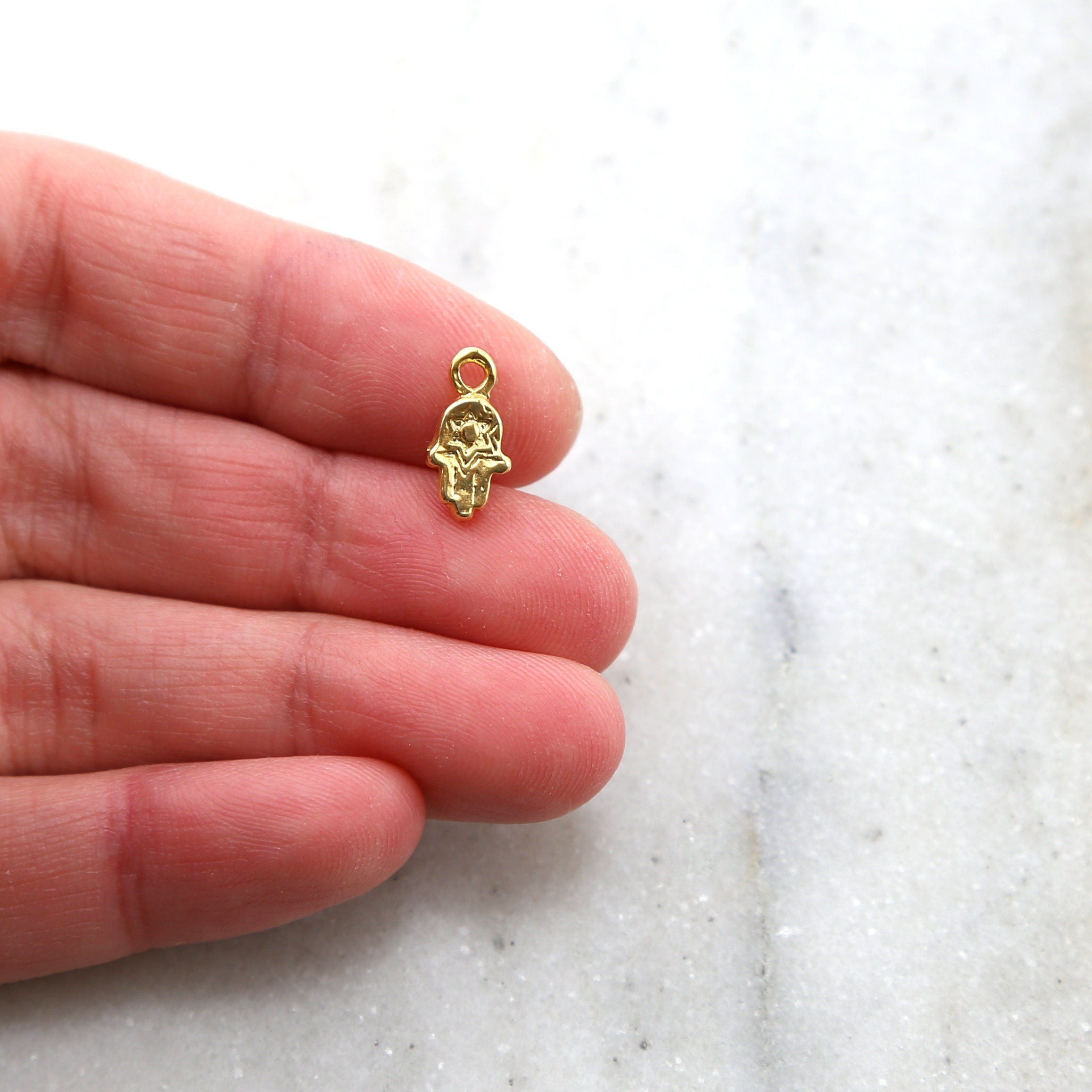 Sterling Silver or Vermeil Tiny Hamsa Charm with Star of David Stamped