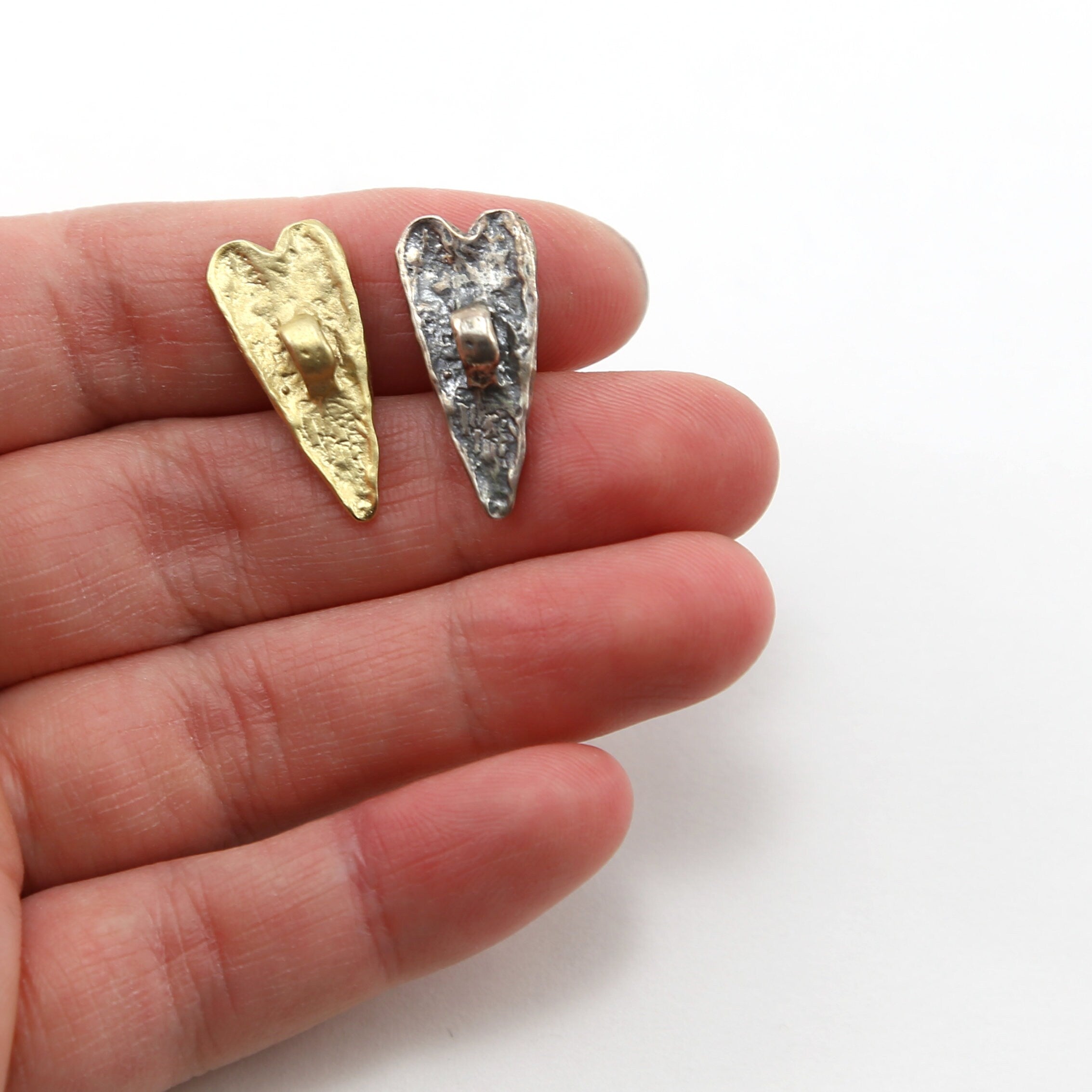 Sterling Silver or Vermeil Long Artisan Textured Hammered Heart Button
