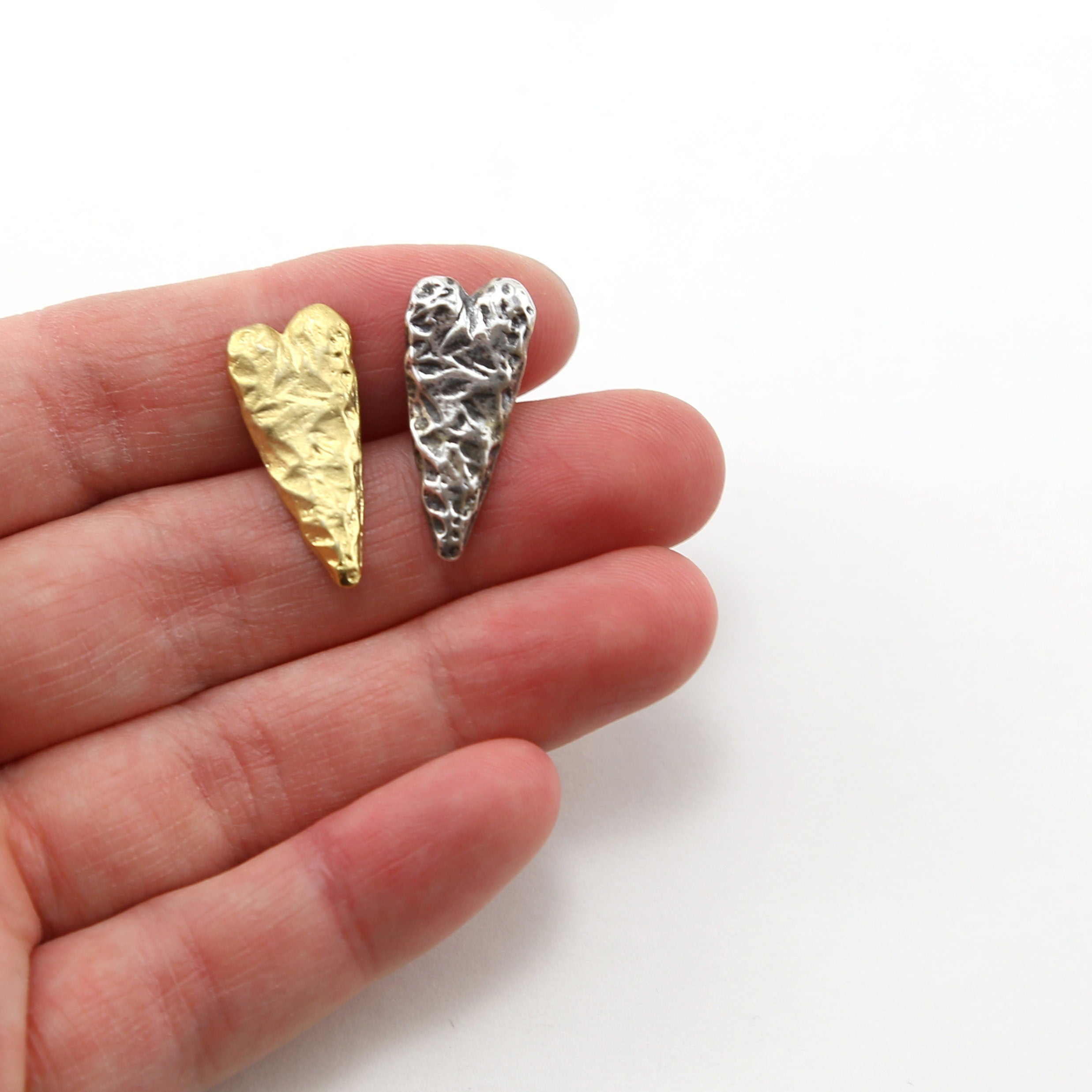 Sterling Silver or Vermeil Long Artisan Textured Hammered Heart Button