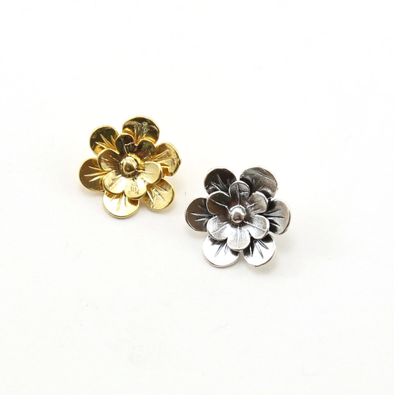 13mm Sterling Silver or Vermeil Layered Flower Daisy Button in or Shiny Wrap