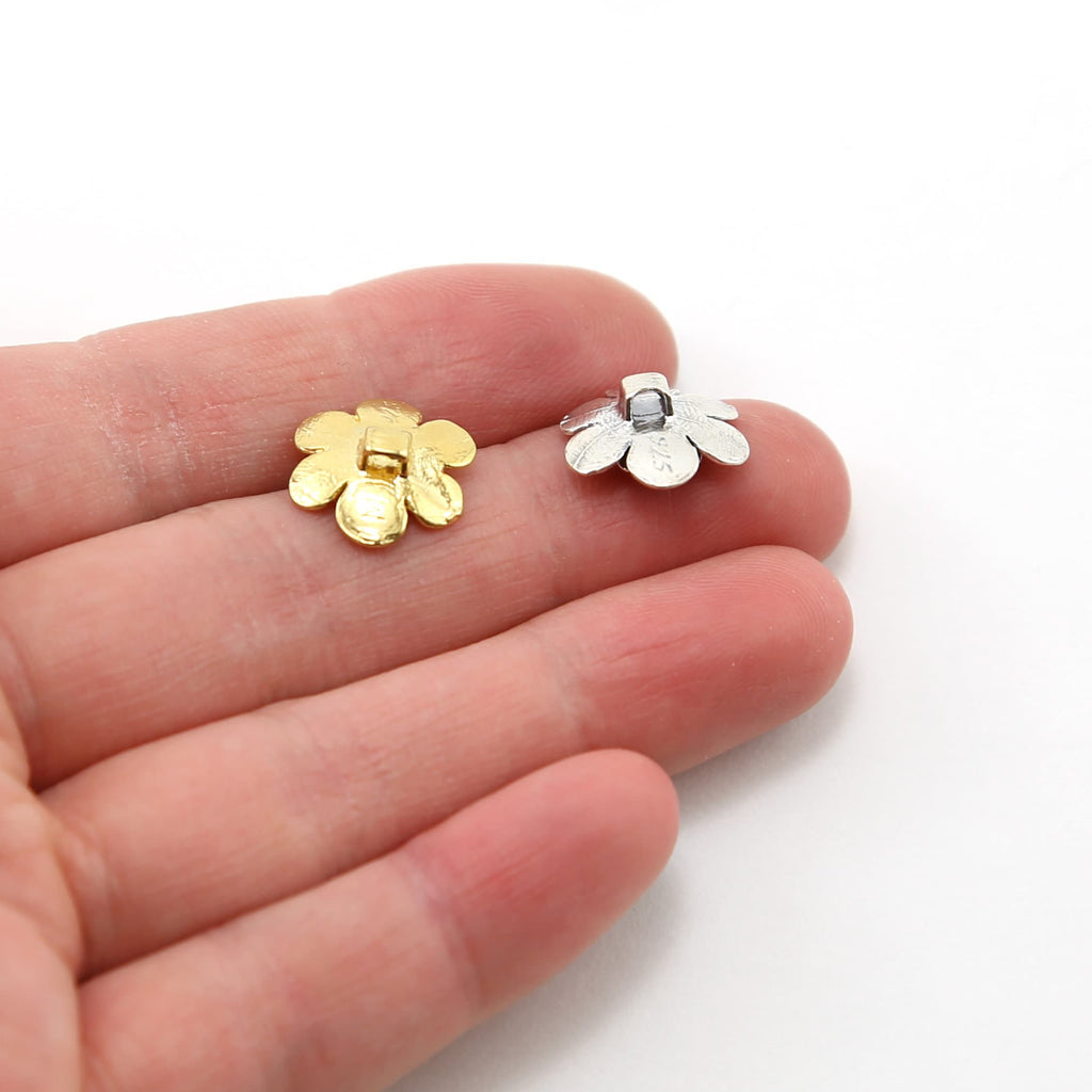 13mm Sterling Silver or Vermeil Layered Flower Daisy Button in or Shiny Wrap