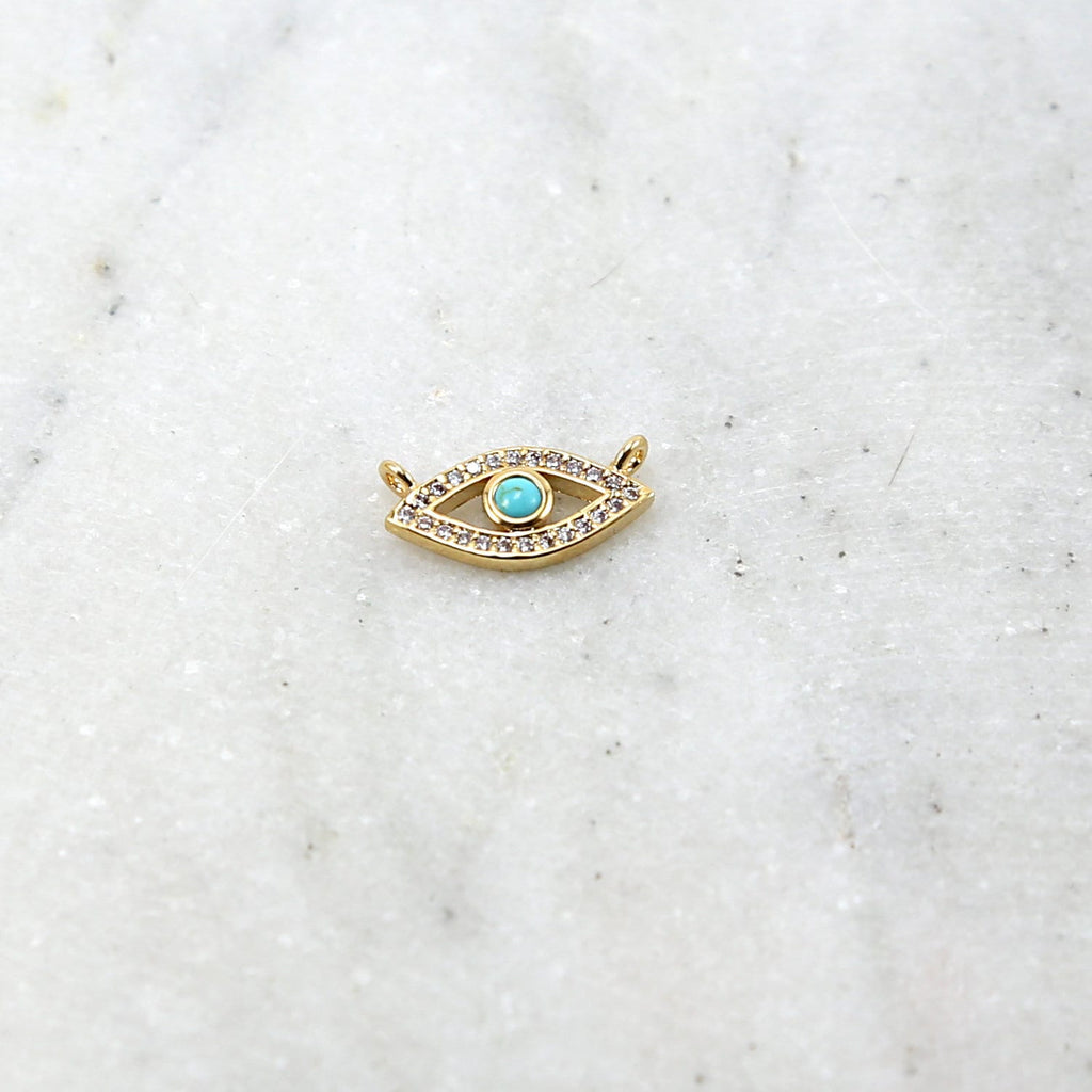Rhodium Plated Gold Pave CZ Evil Eye Connector with Blue Stone