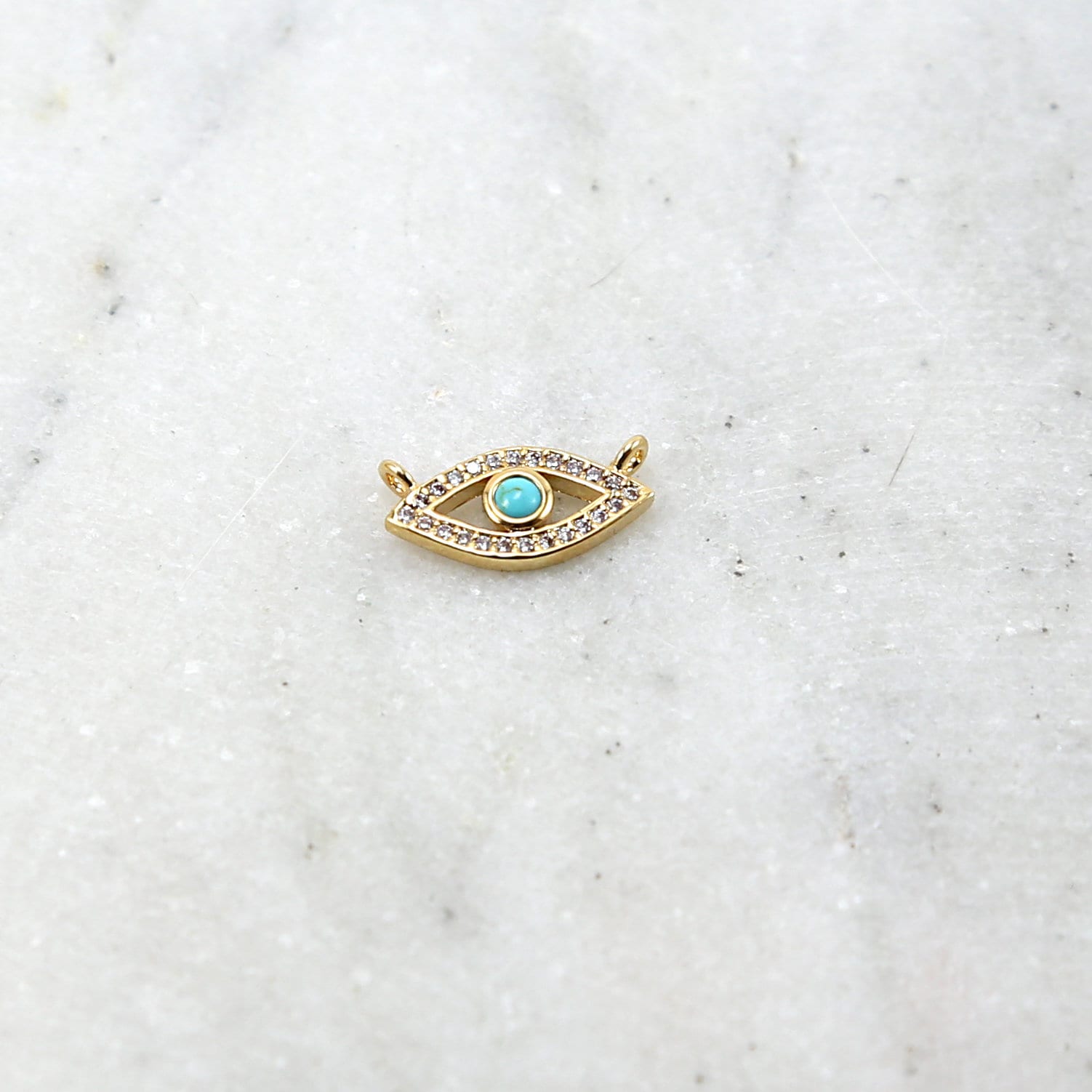 Rhodium Plated Gold Pave CZ Evil Eye Connector with Blue Stone