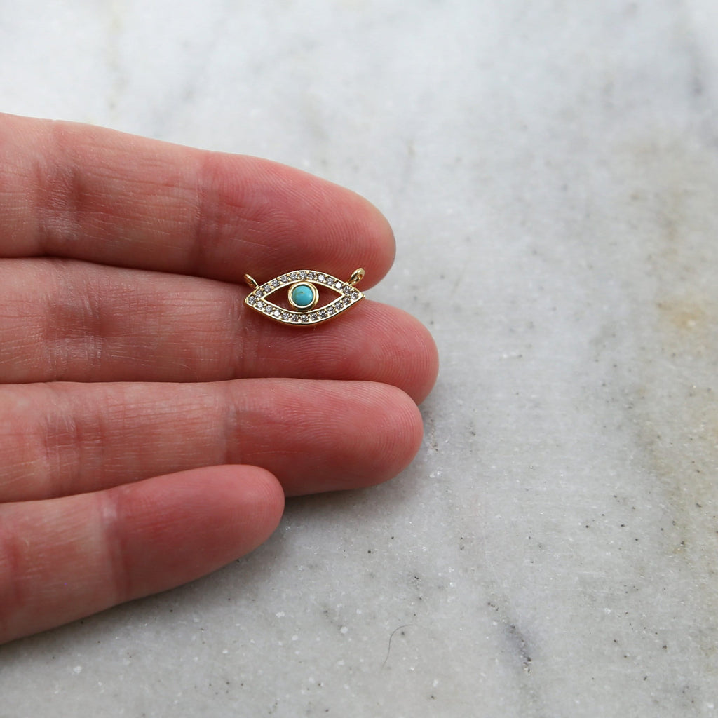 Rhodium Plated Gold Pave CZ Evil Eye Connector with Blue Stone