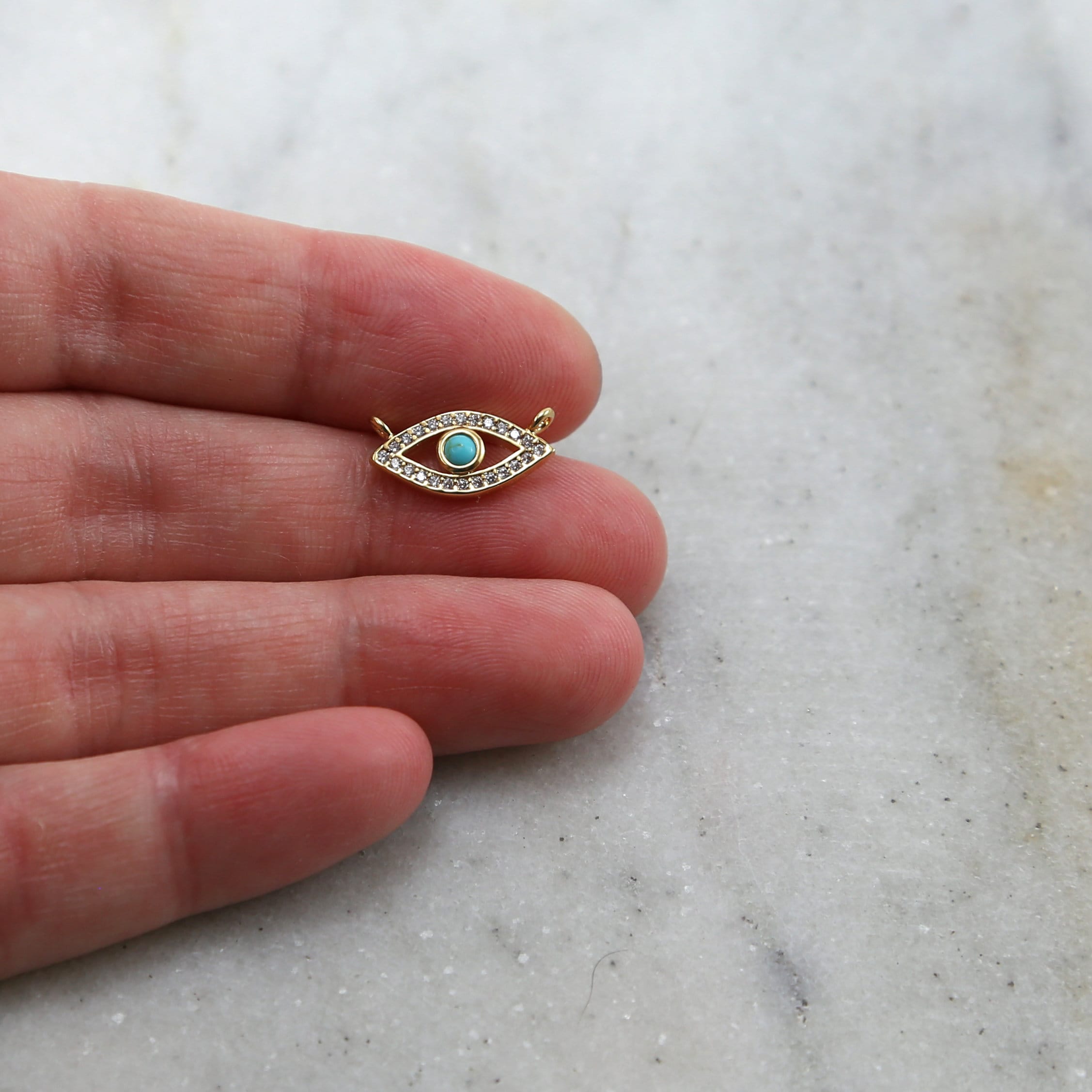 Rhodium Plated Gold Pave CZ Evil Eye Connector with Blue Stone