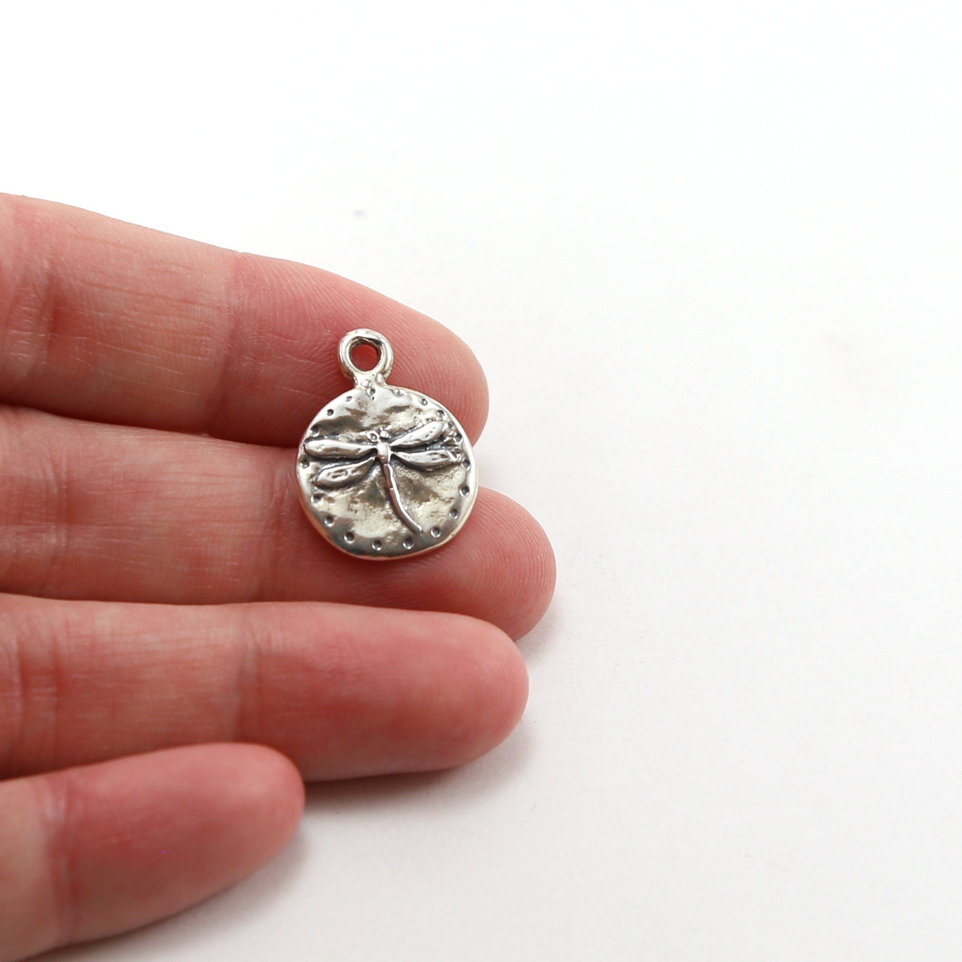 Sterling Silver Dragonfly Raised Coin Charm Insect Nature Spring Pendant